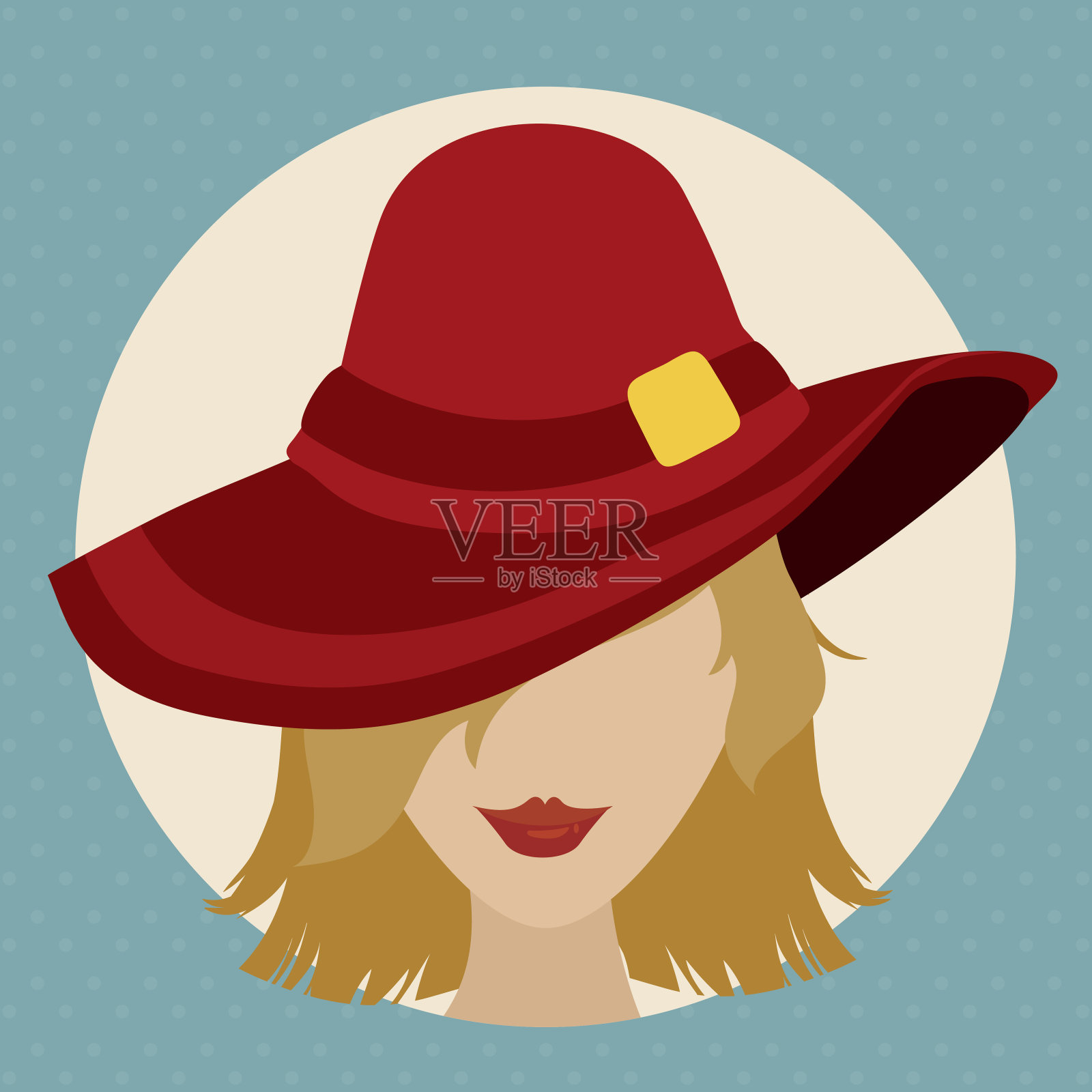 美女脸与红帽在平风格插画图片素材