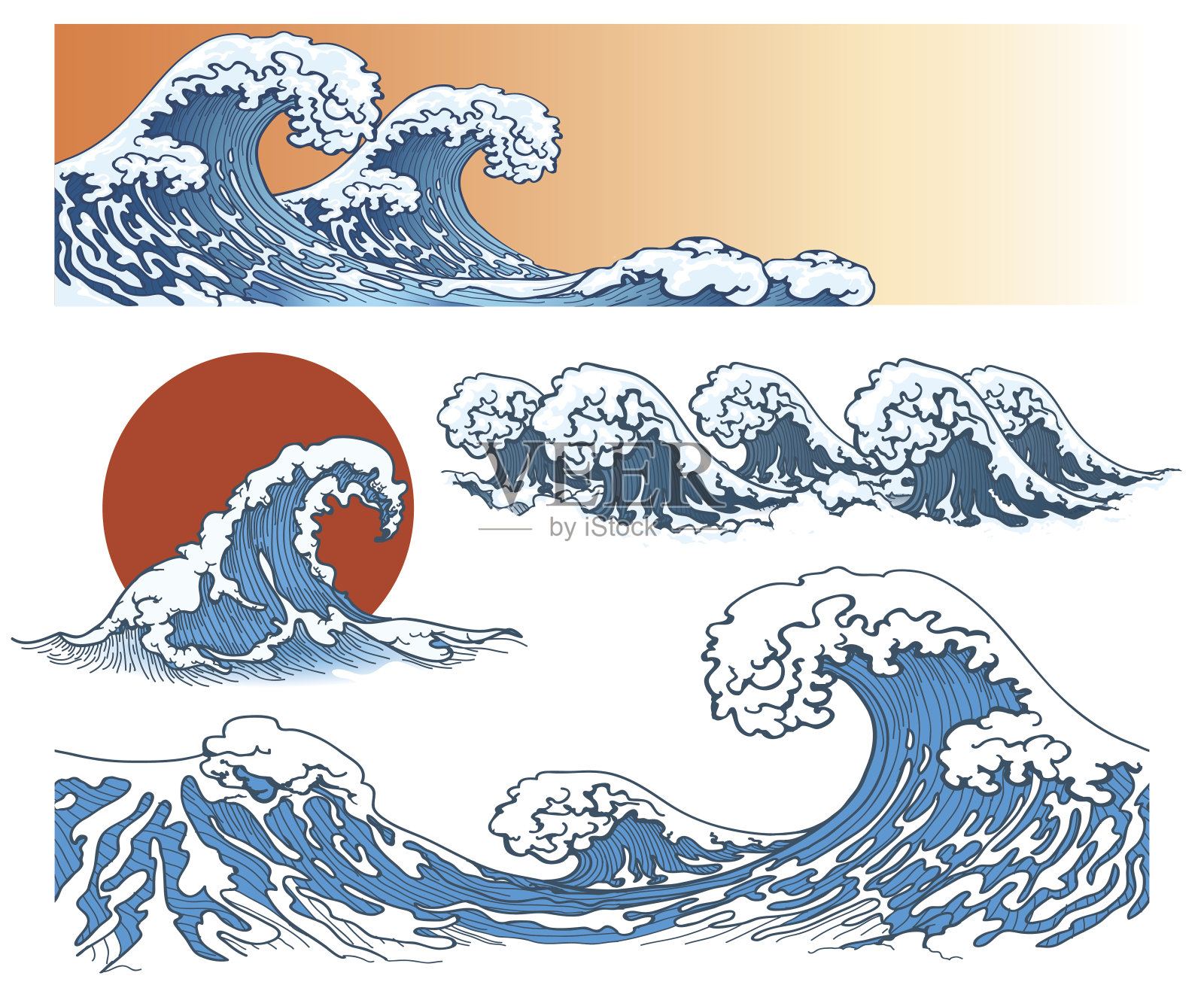 日式波浪插画图片素材