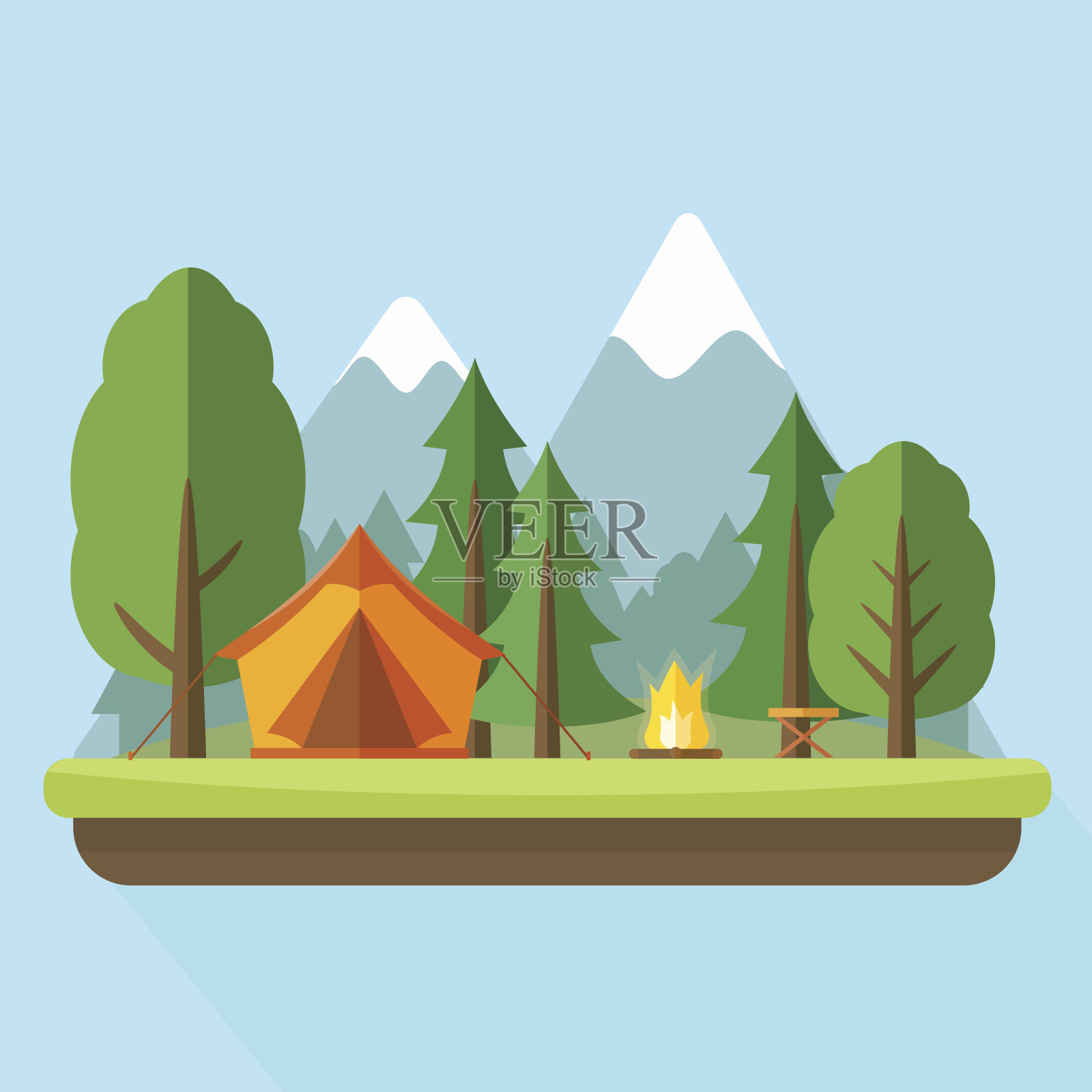 露营与照料篝火和自然景观。插画图片素材