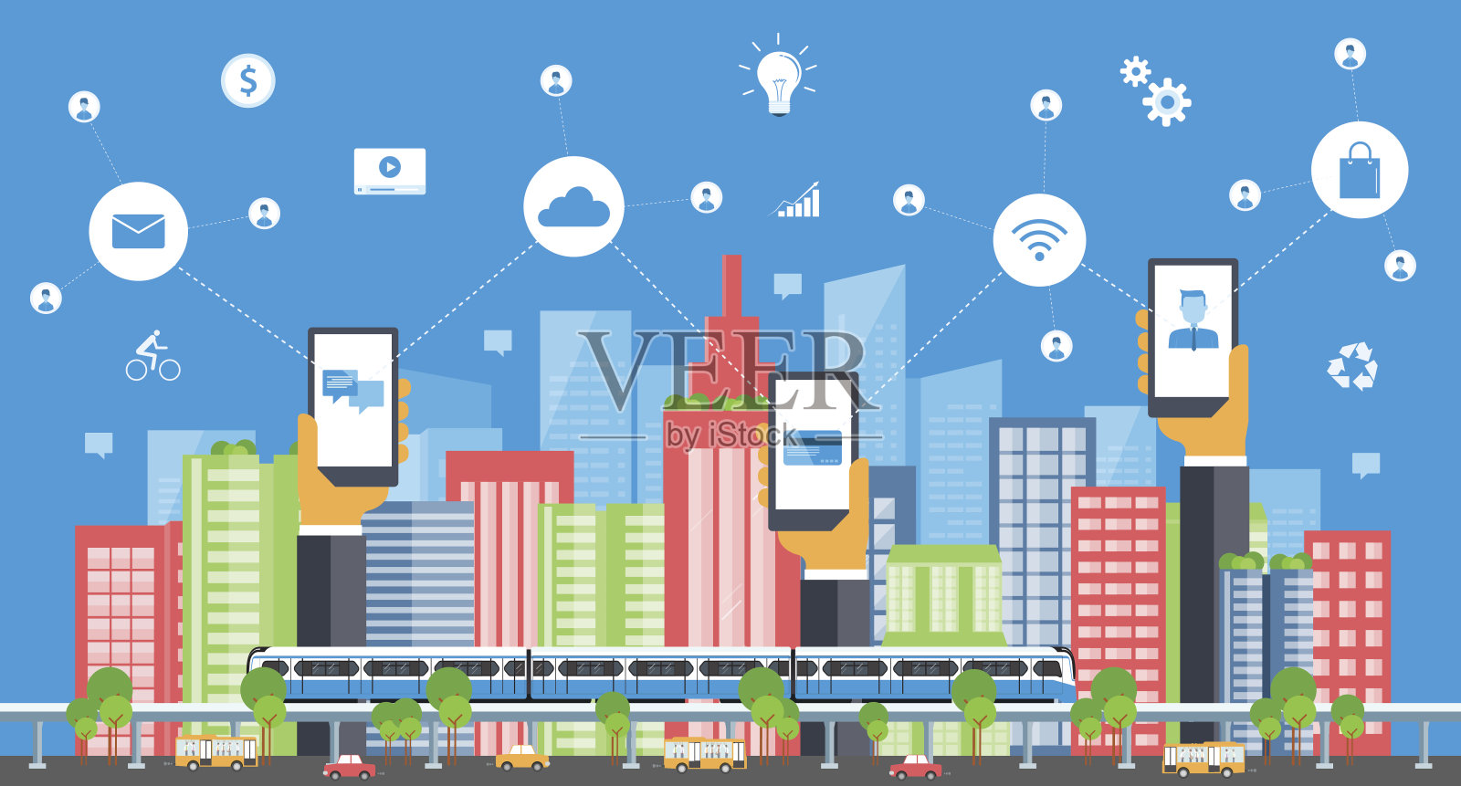 商业智慧城市，互联网连接。社会的概念插画图片素材