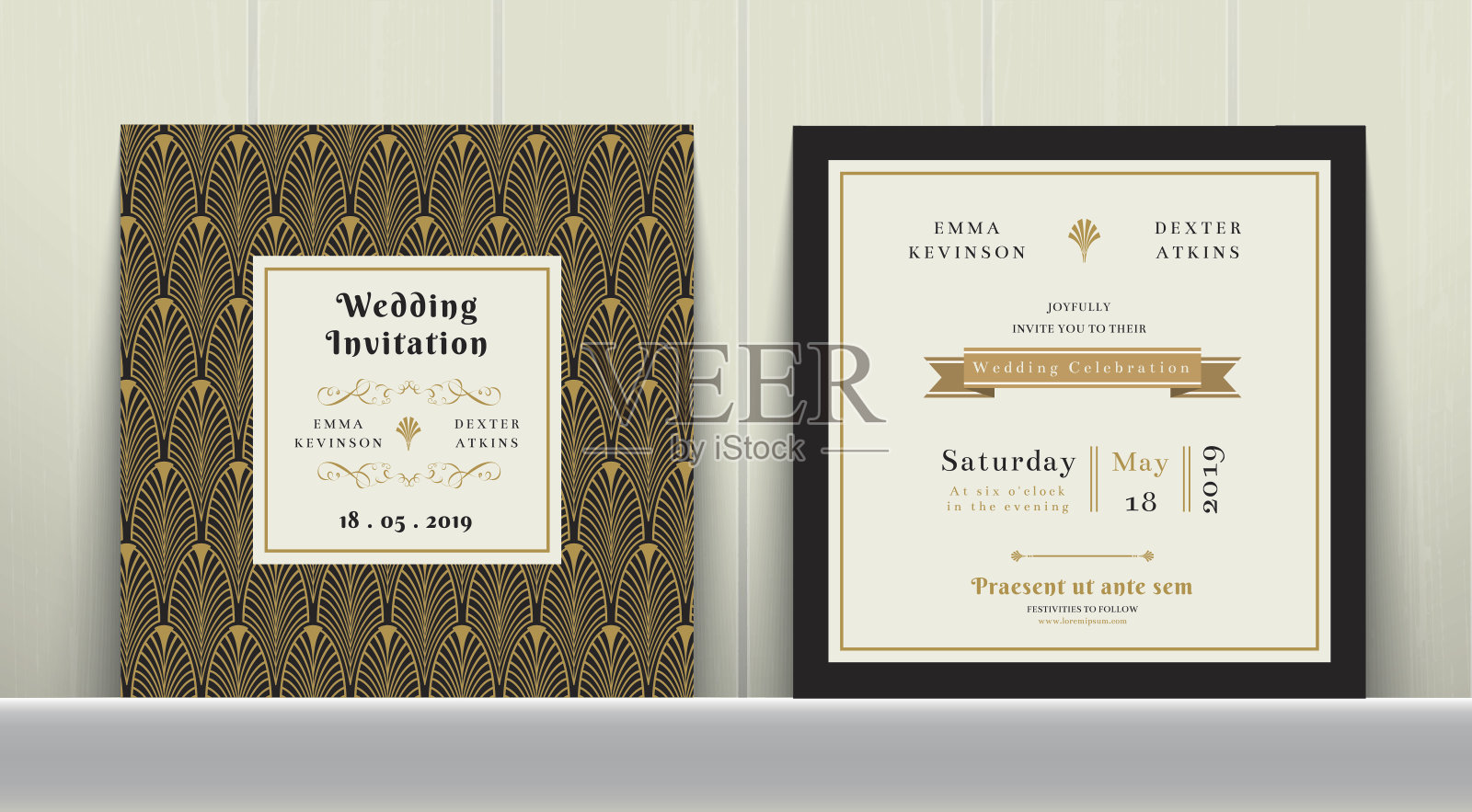 装饰艺术婚礼邀请卡在金色和黑色的颜色设计模板素材