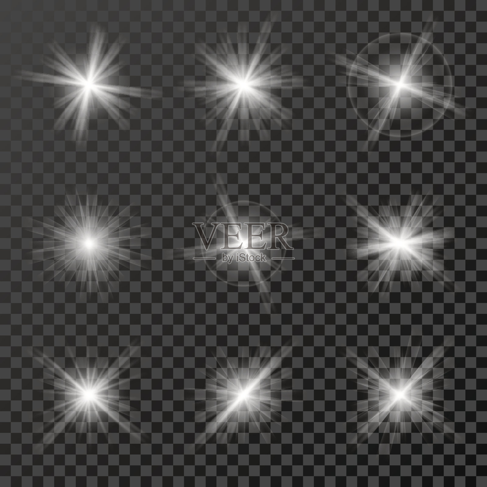 一组发光的灯，星星和闪光孤立在黑色设计元素图片