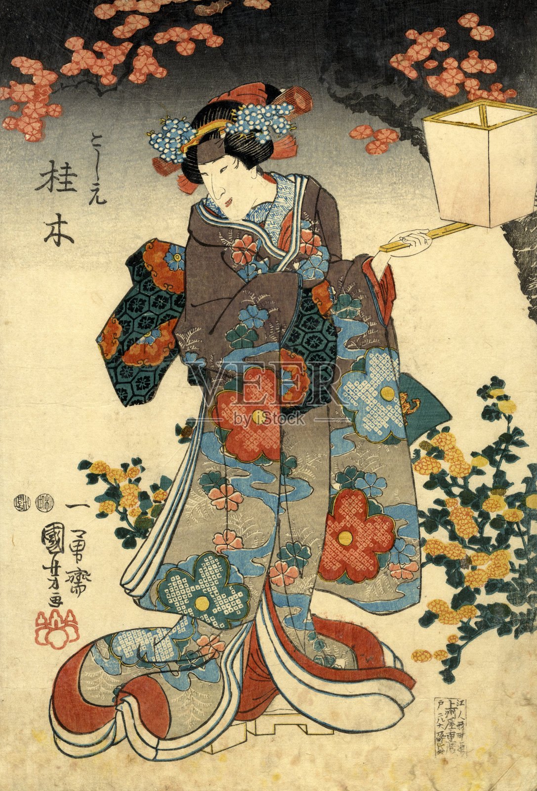 传统的日本木刻女性与提花插画图片素材