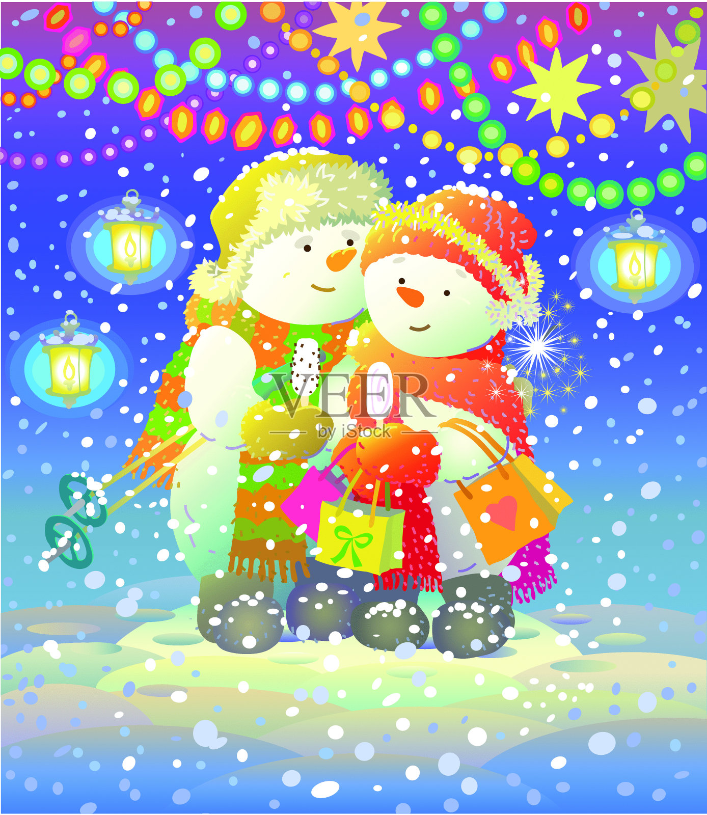 五颜六色的卡片。雪人在圣诞花环。插画图片素材
