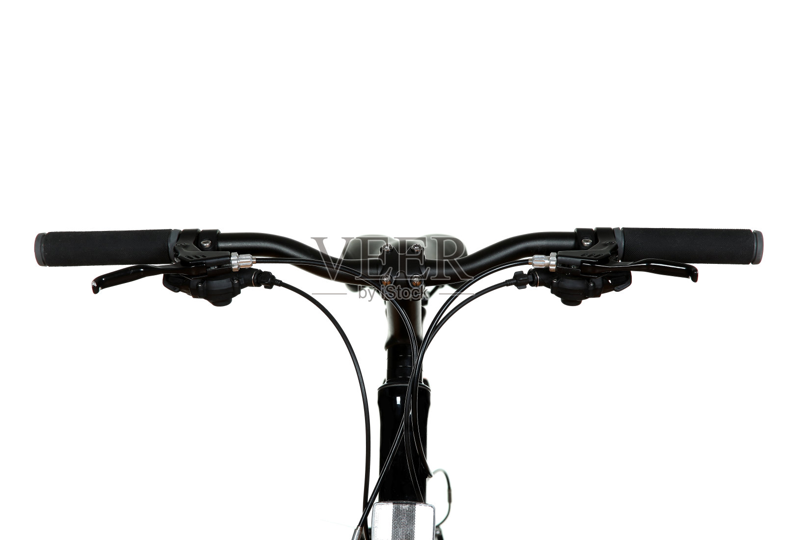 白色背景上的黑色自行车把手。照片摄影图片