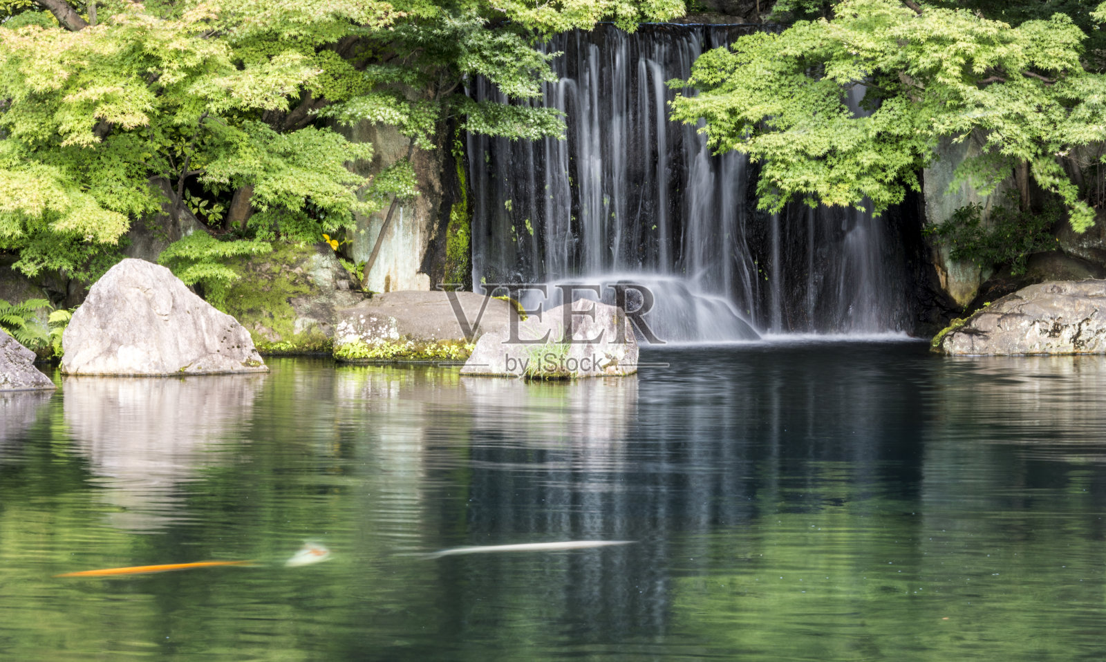 有湖和瀑布的日式花园照片摄影图片