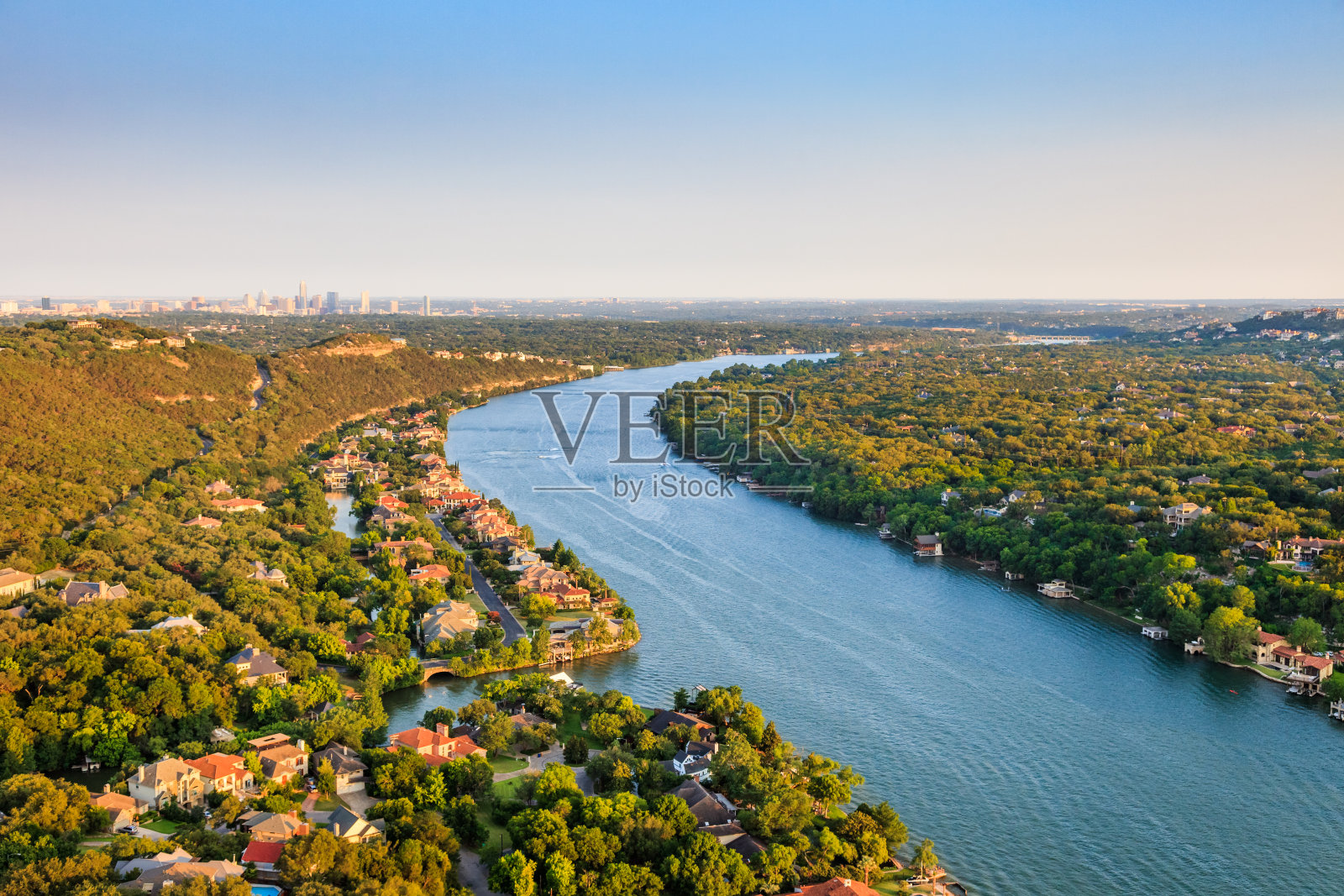 豪华住宅，奥斯汀德克萨斯州，科罗拉多河，山邦内尔区，空中照片摄影图片
