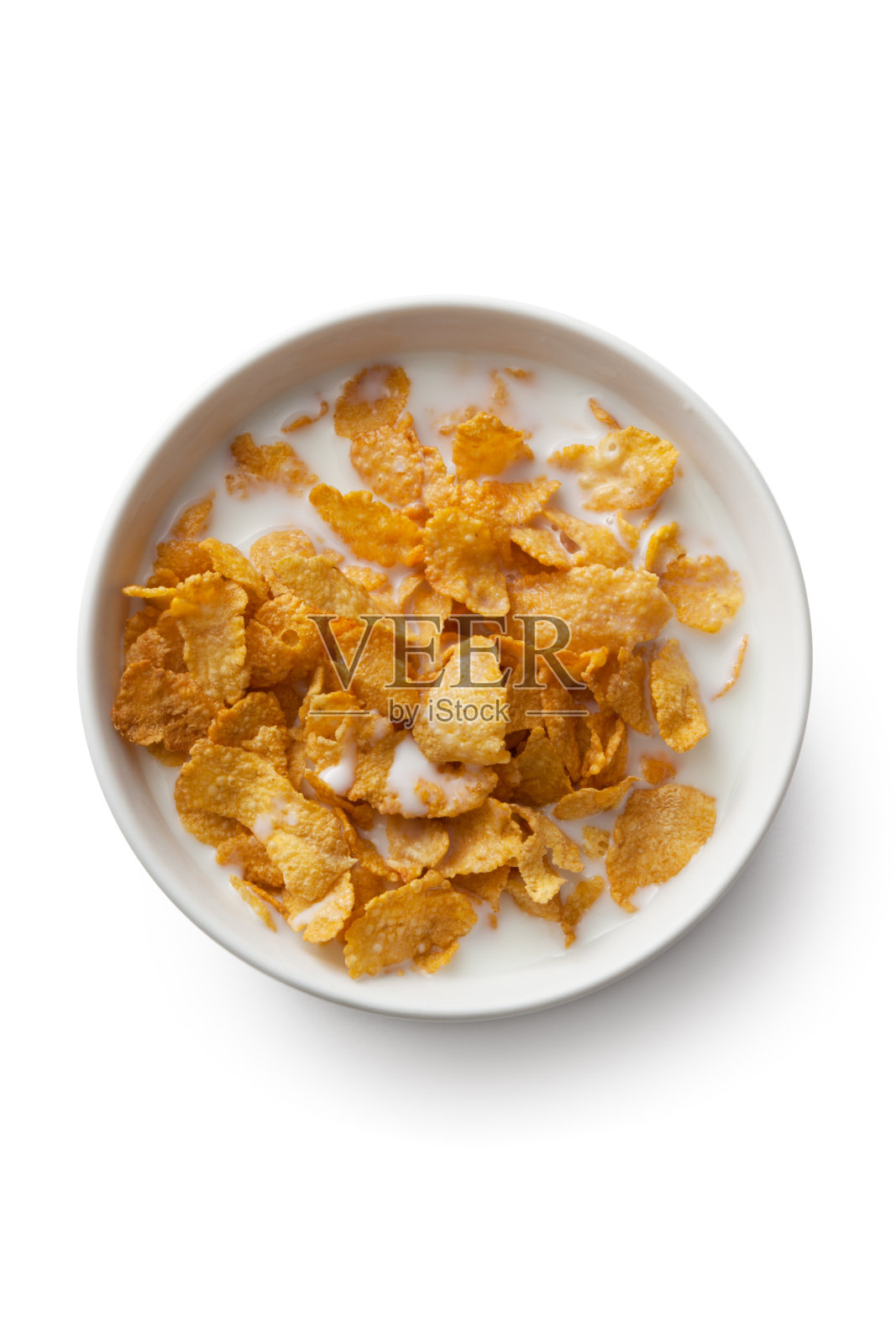 早餐配料:白色背景上孤立的玉米片照片摄影图片