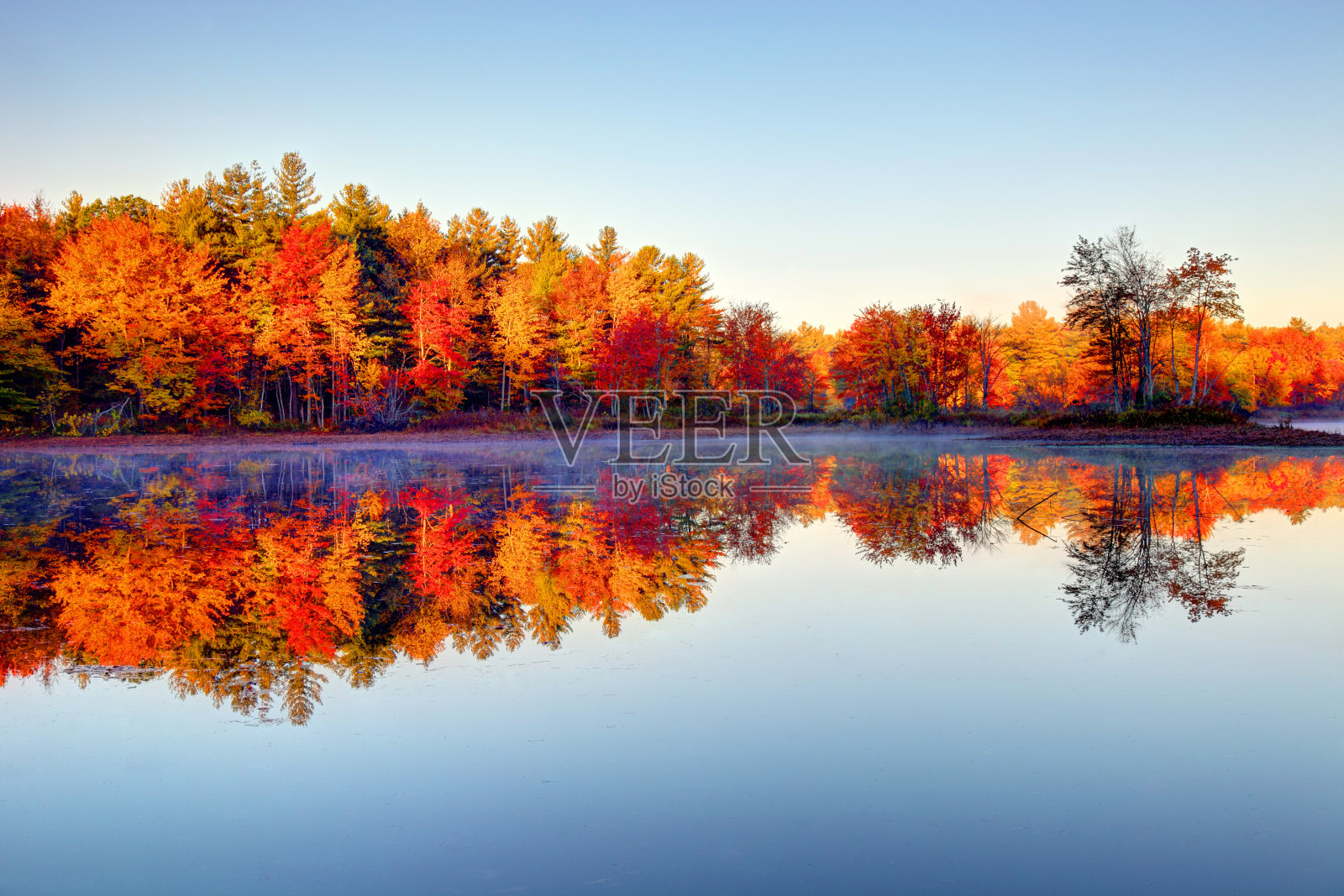 高峰秋天的树叶反射在一个池塘在新罕布什尔州照片摄影图片