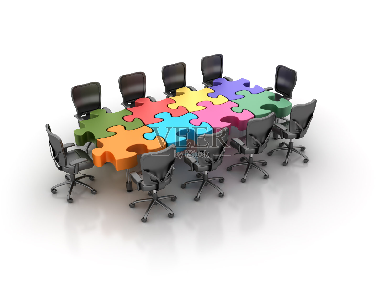 办公室椅子会议与拼图块桌子- 3D渲染照片摄影图片