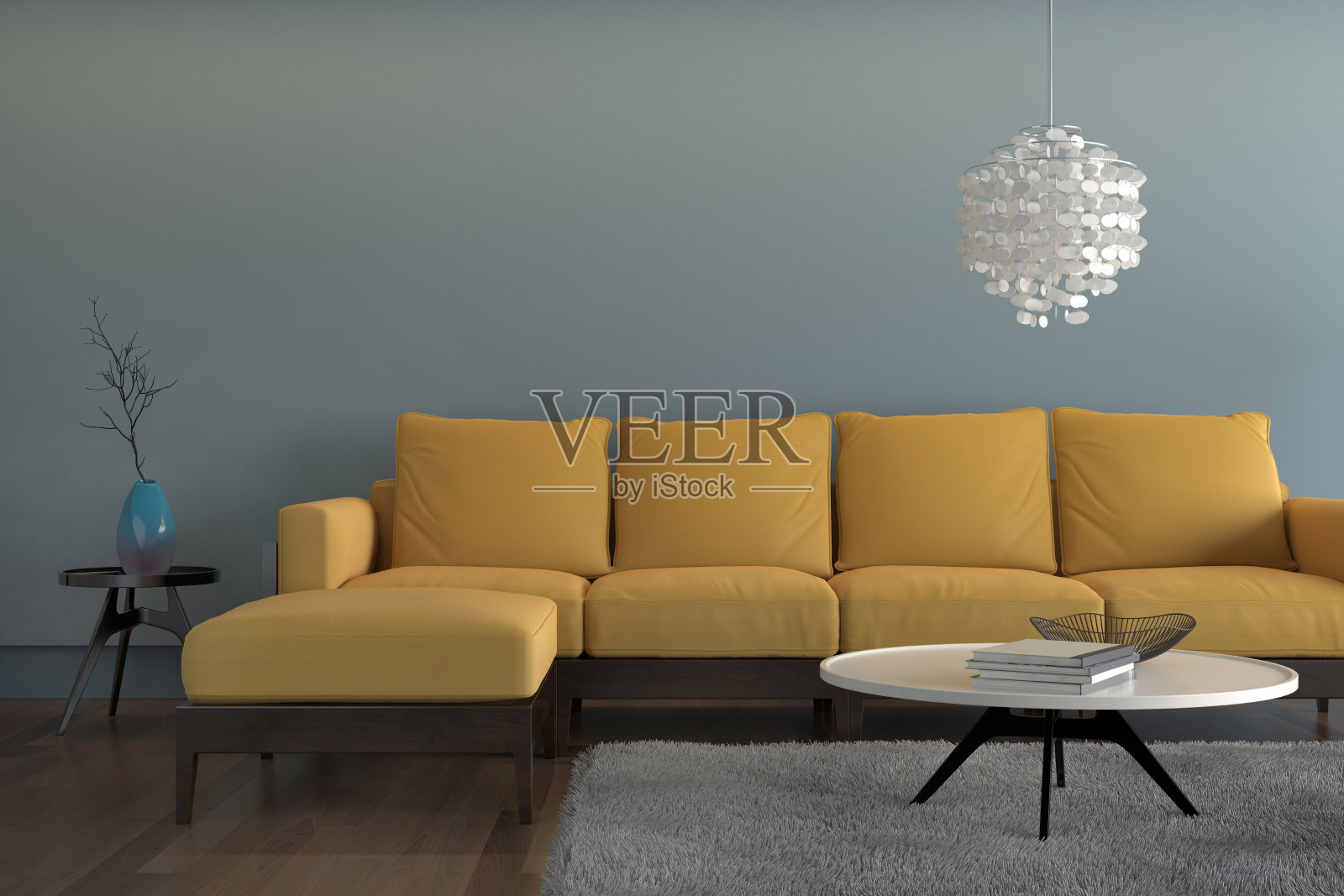 黄色沙发和浅蓝色墙壁的现代客厅照片摄影图片