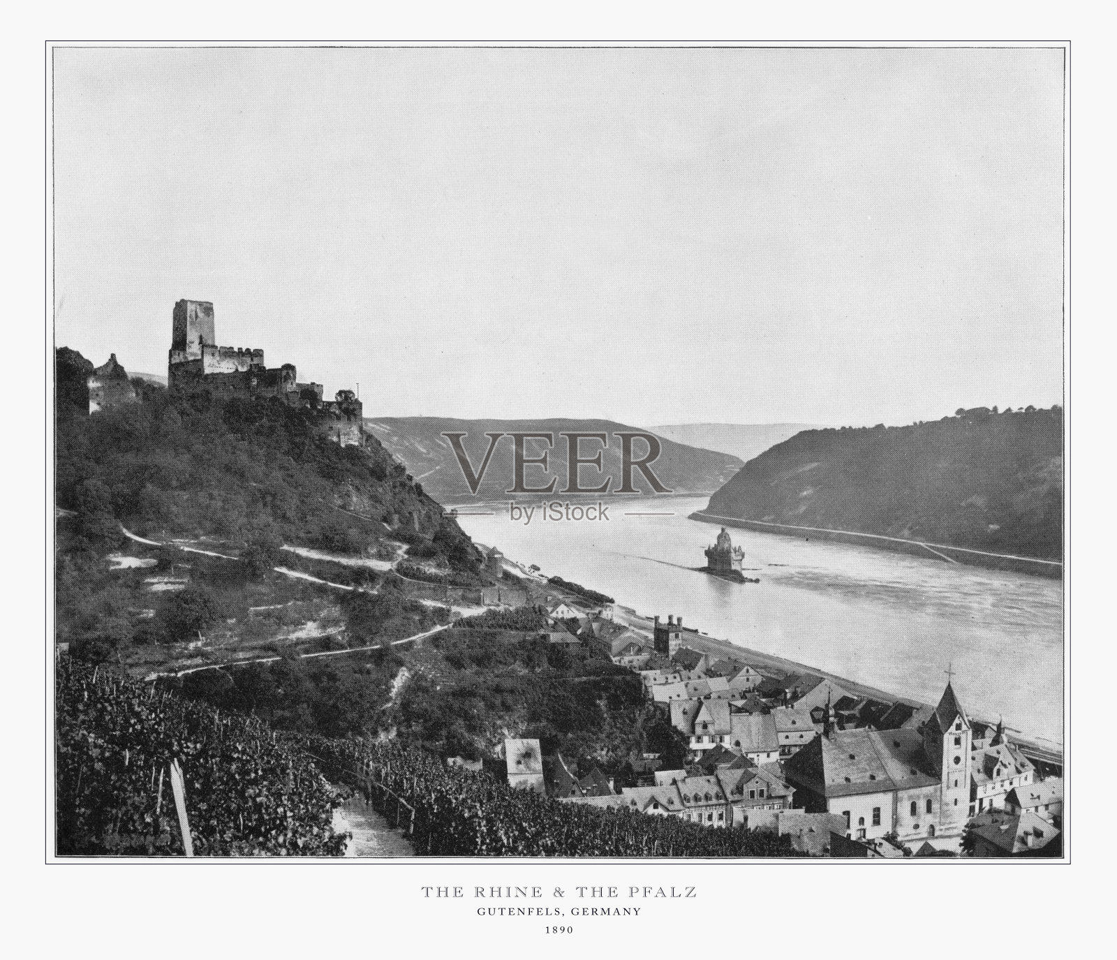 莱茵河，古登费尔斯和法尔兹，德国，古代德国照片，1893年照片摄影图片