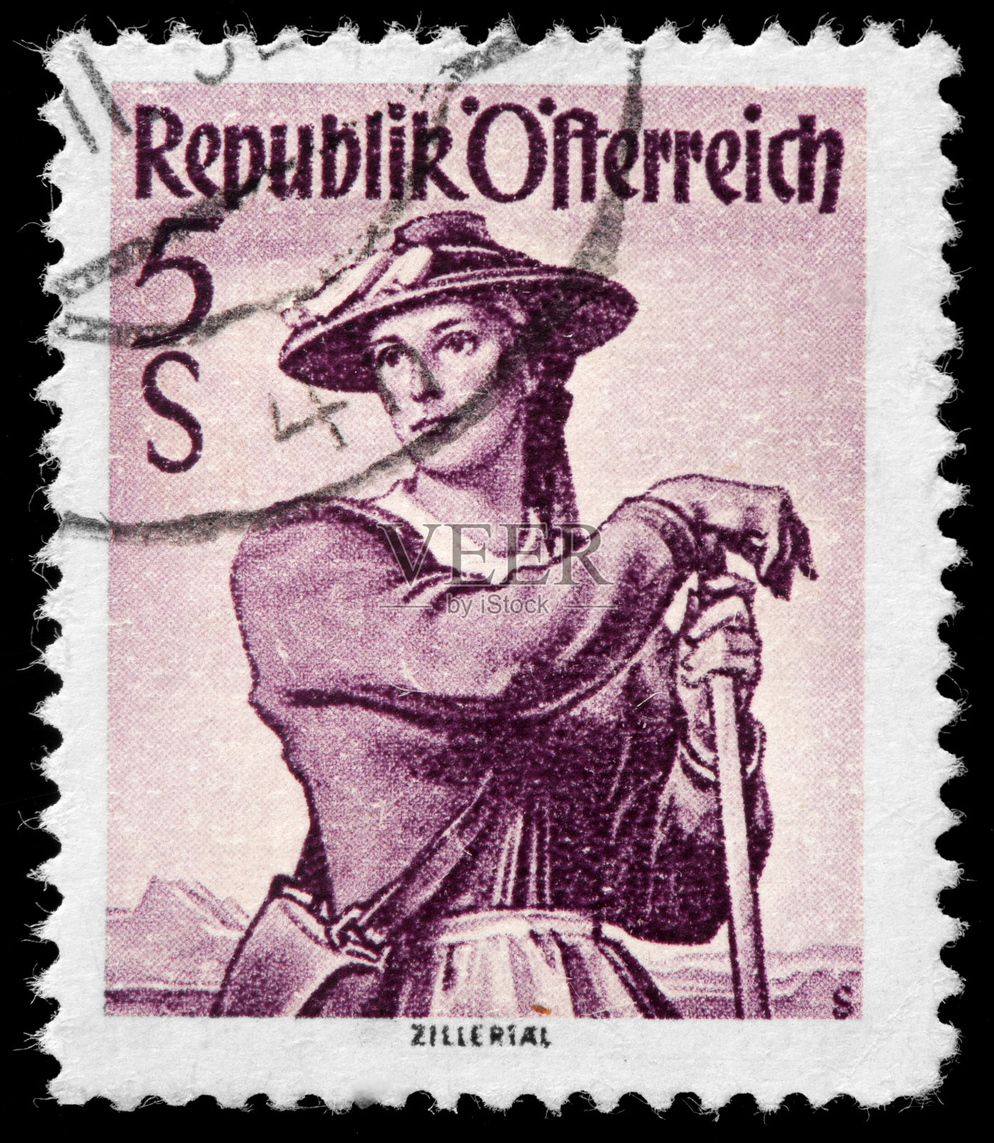 复古邮票，女子从齐勒塔尔照片摄影图片