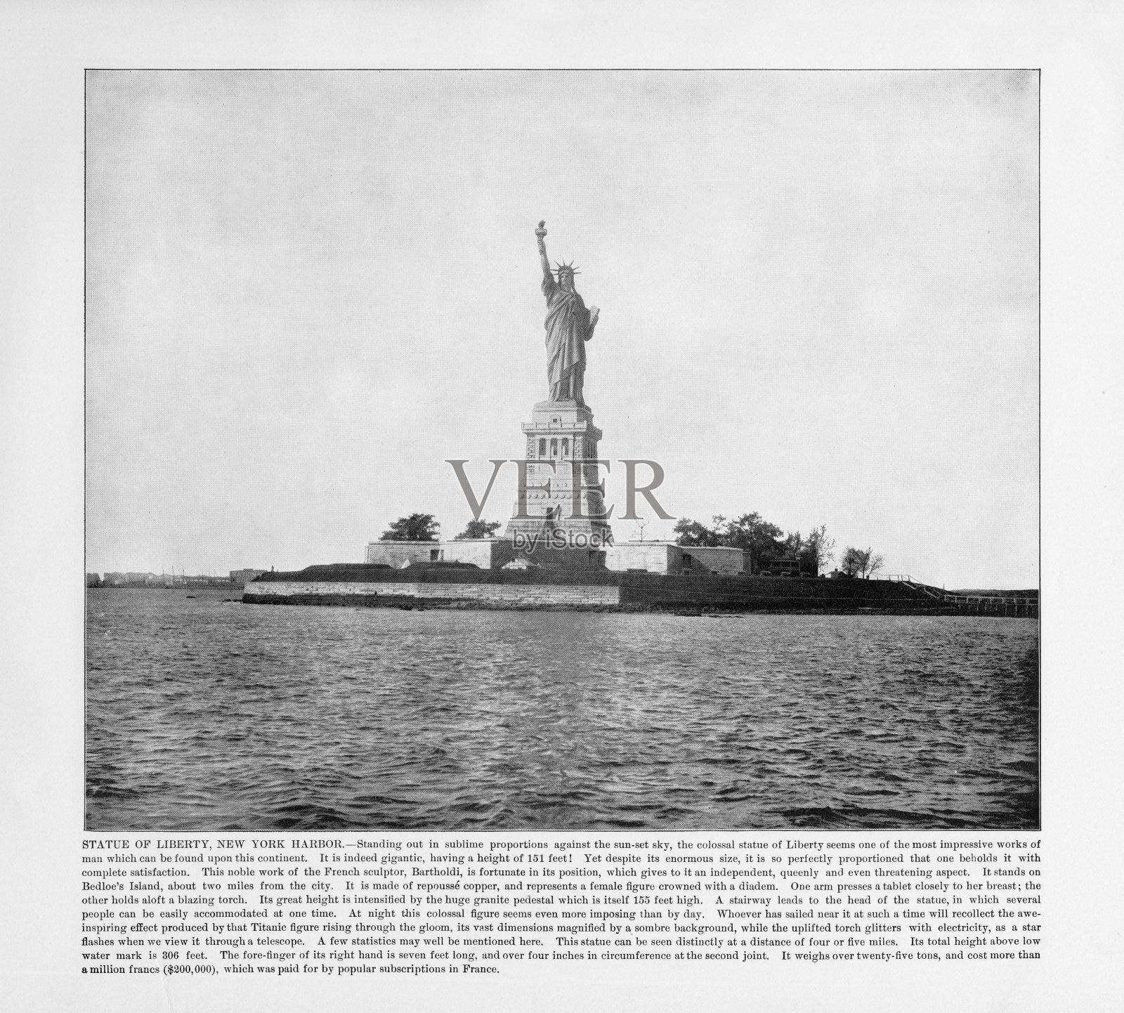 美国古董照片:自由女神像，纽约港，美国，纽约，1893照片摄影图片