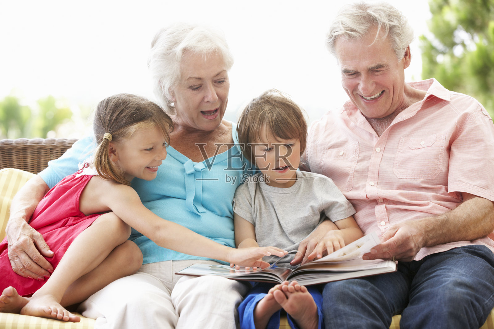 祖父母和孙辈在花园座位上看书照片摄影图片