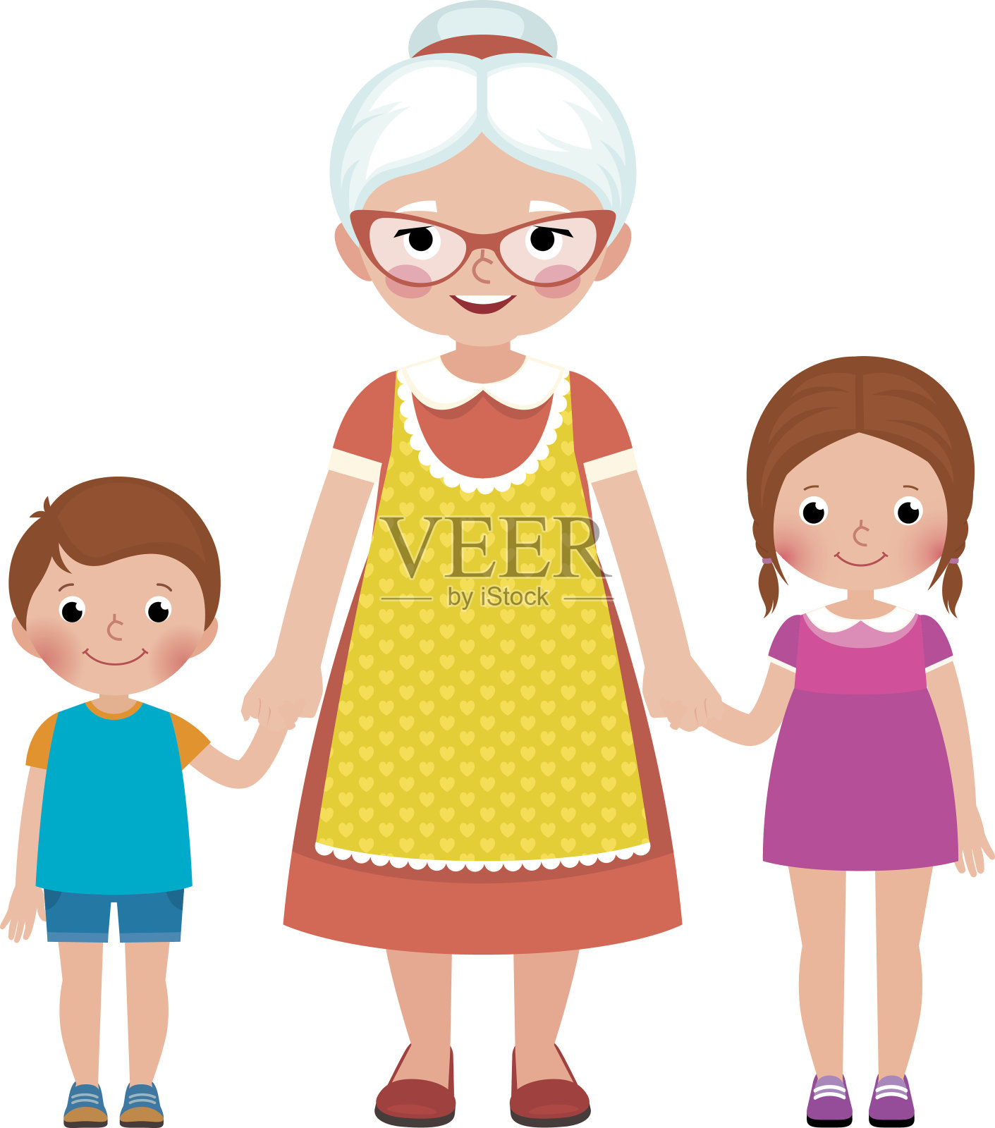 老奶奶戴着眼镜，围着围裙，牵着他们的小孙子和小女孩的手插画图片素材
