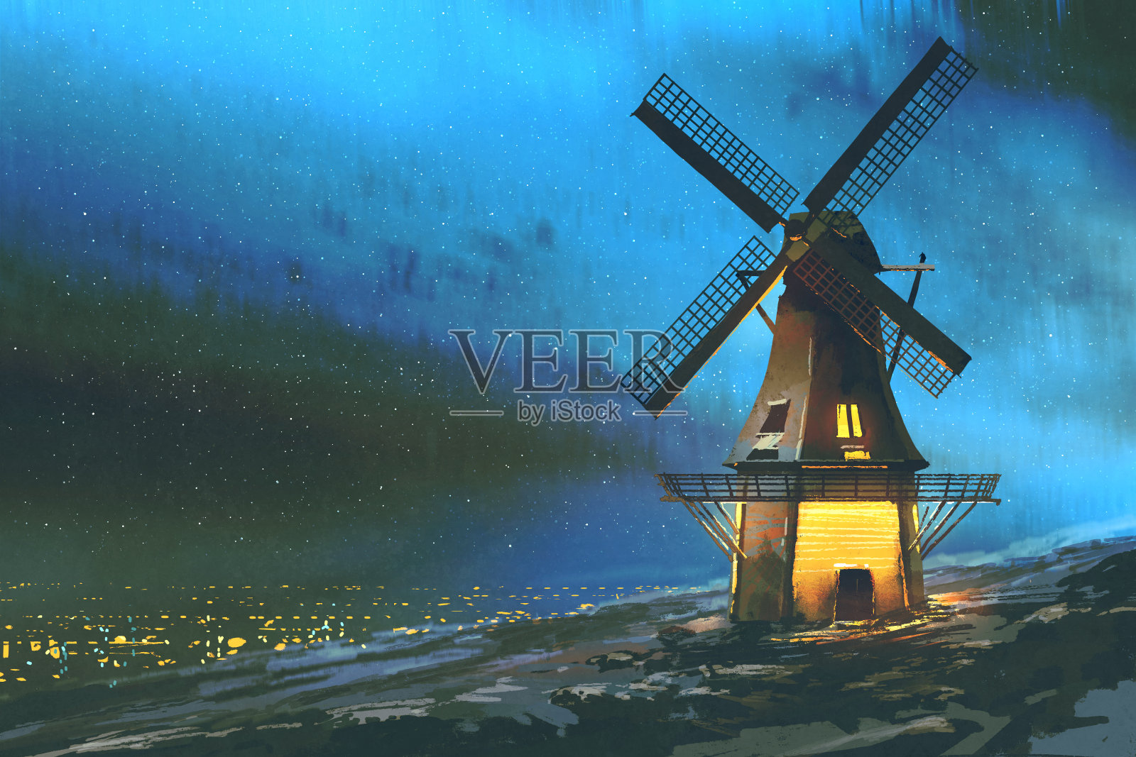 冬天山上有风车的风景插画图片素材
