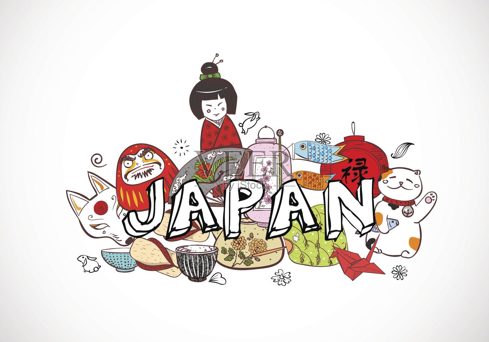 日本彩色涂鸦素描元素背景上的白色。插画图片素材