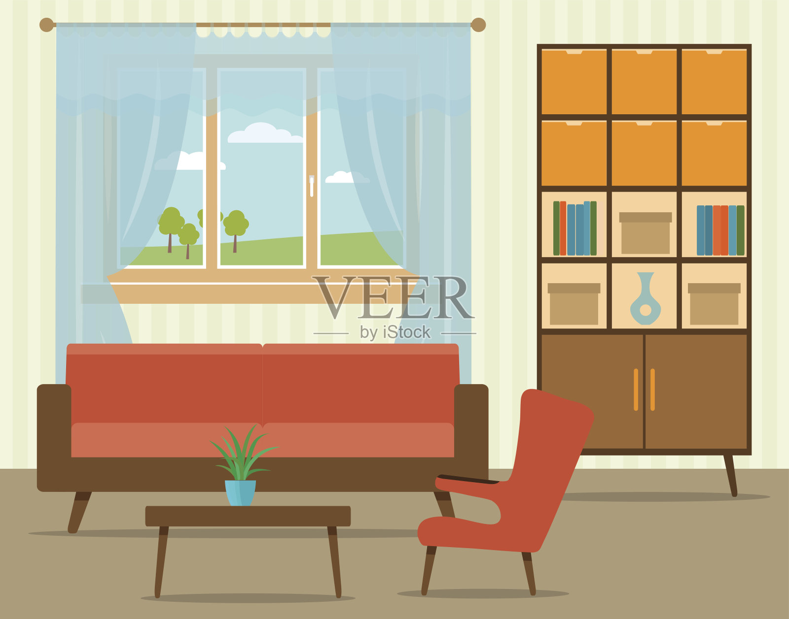 客厅室内设计为平面风格，包括家具、橱柜、沙发、带扶手椅的桌子和窗户。插画图片素材