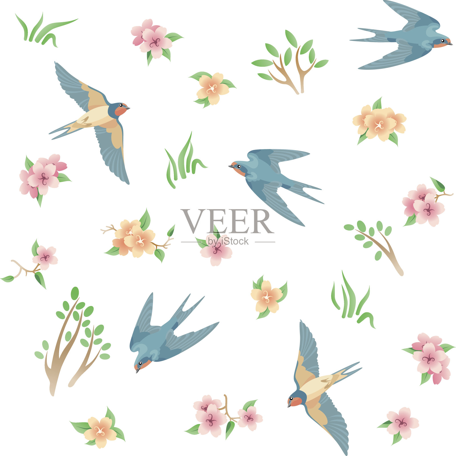 无缝图案与春天的鸟和花插画图片素材