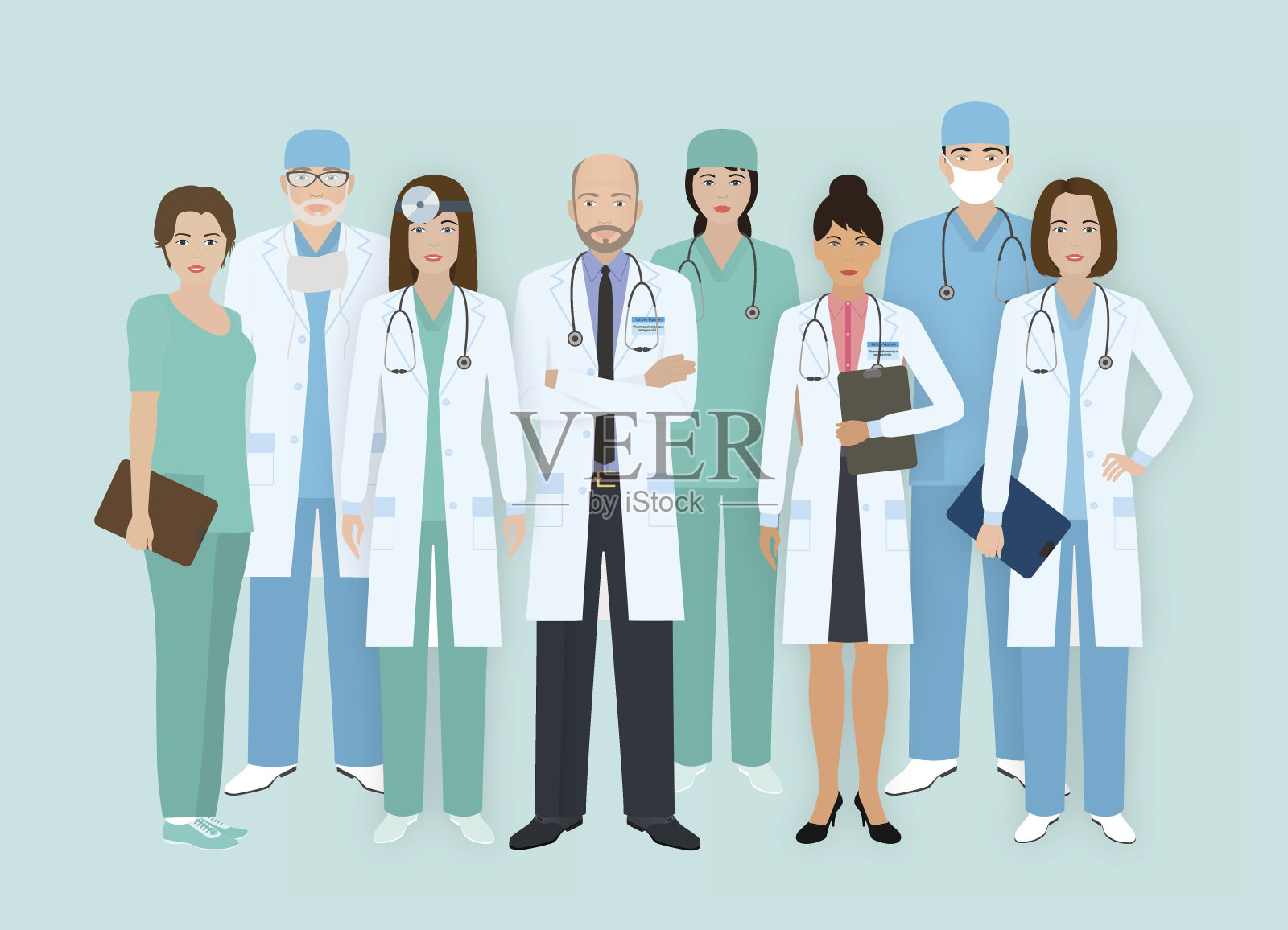 医院工作人员。八位男女医生和护士角色站在一起。医务人员。插画图片素材