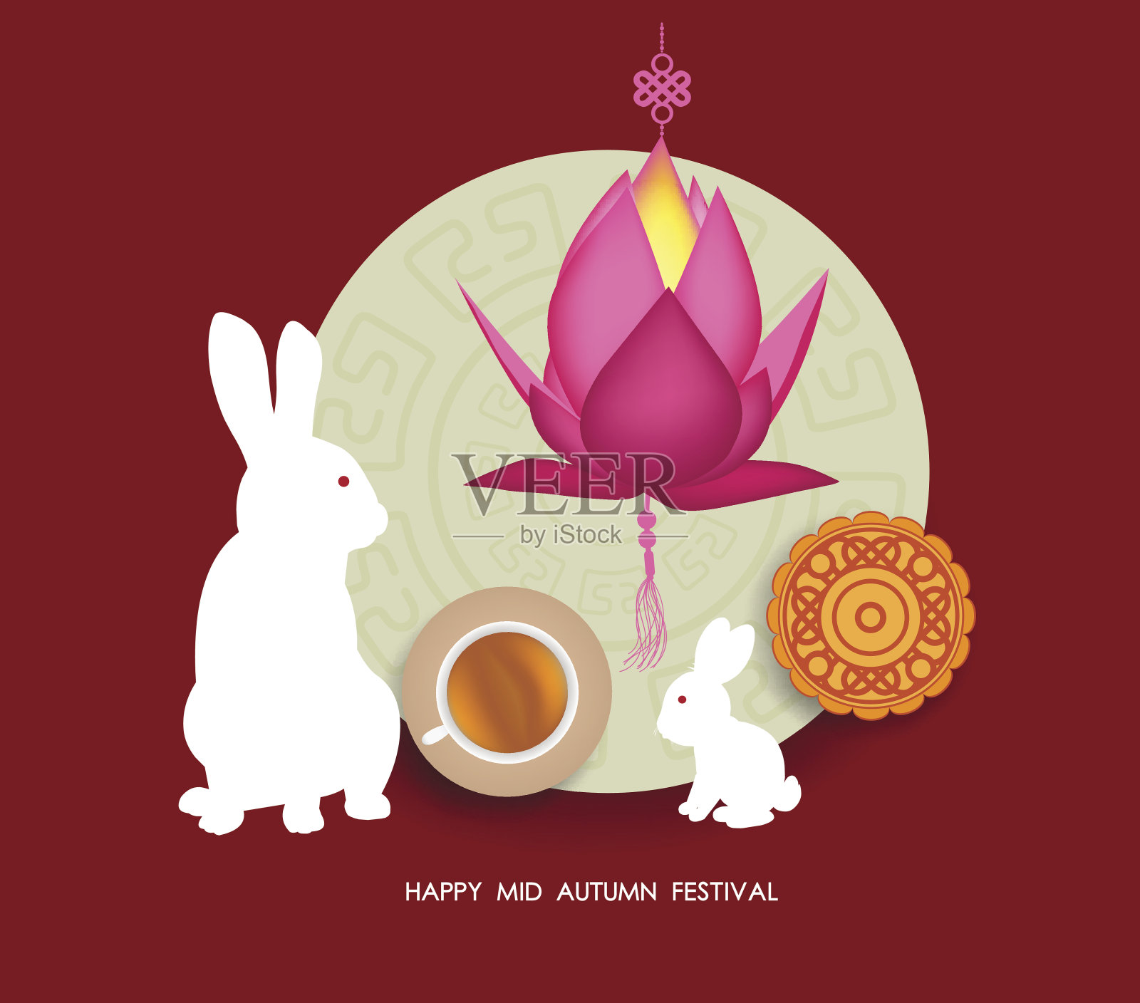 中秋节的背景有月饼、茶和兔肉。中秋节快乐设计模板素材