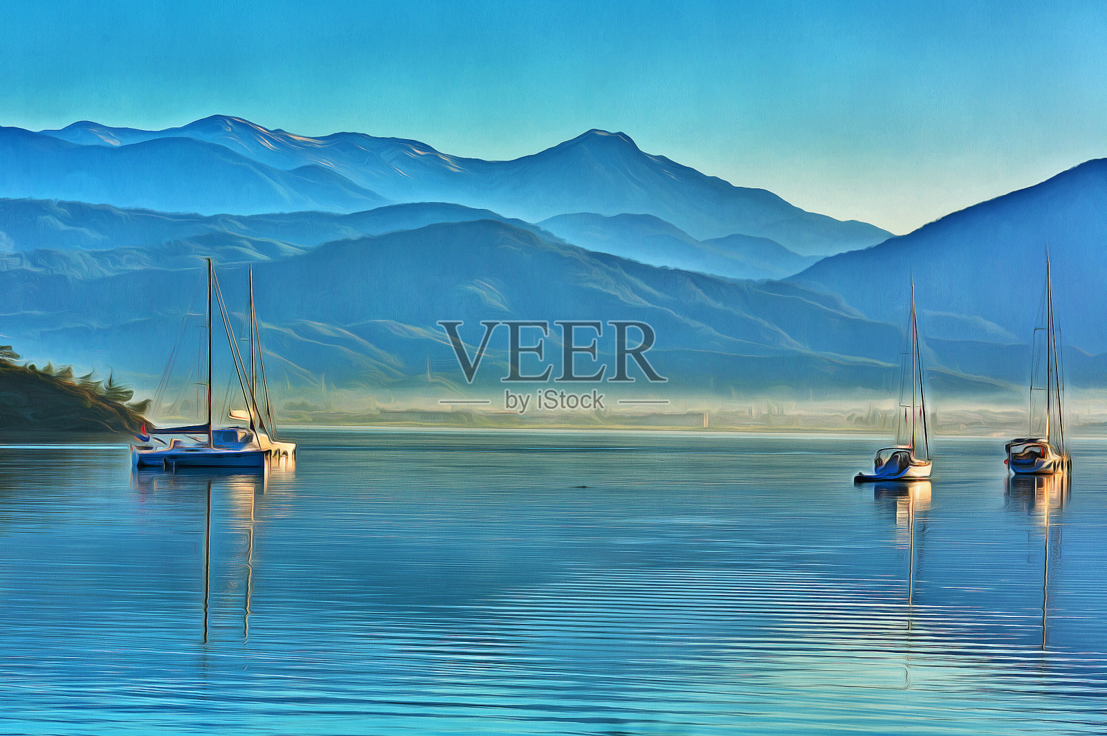 薄雾清晨抛锚停泊的游艇的彩色油画照片摄影图片