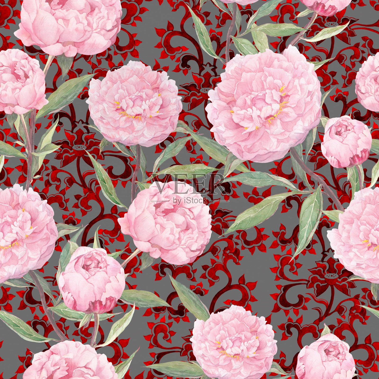 粉色牡丹花朵。无缝花卉图案，华丽的东方装饰。水彩插画图片素材