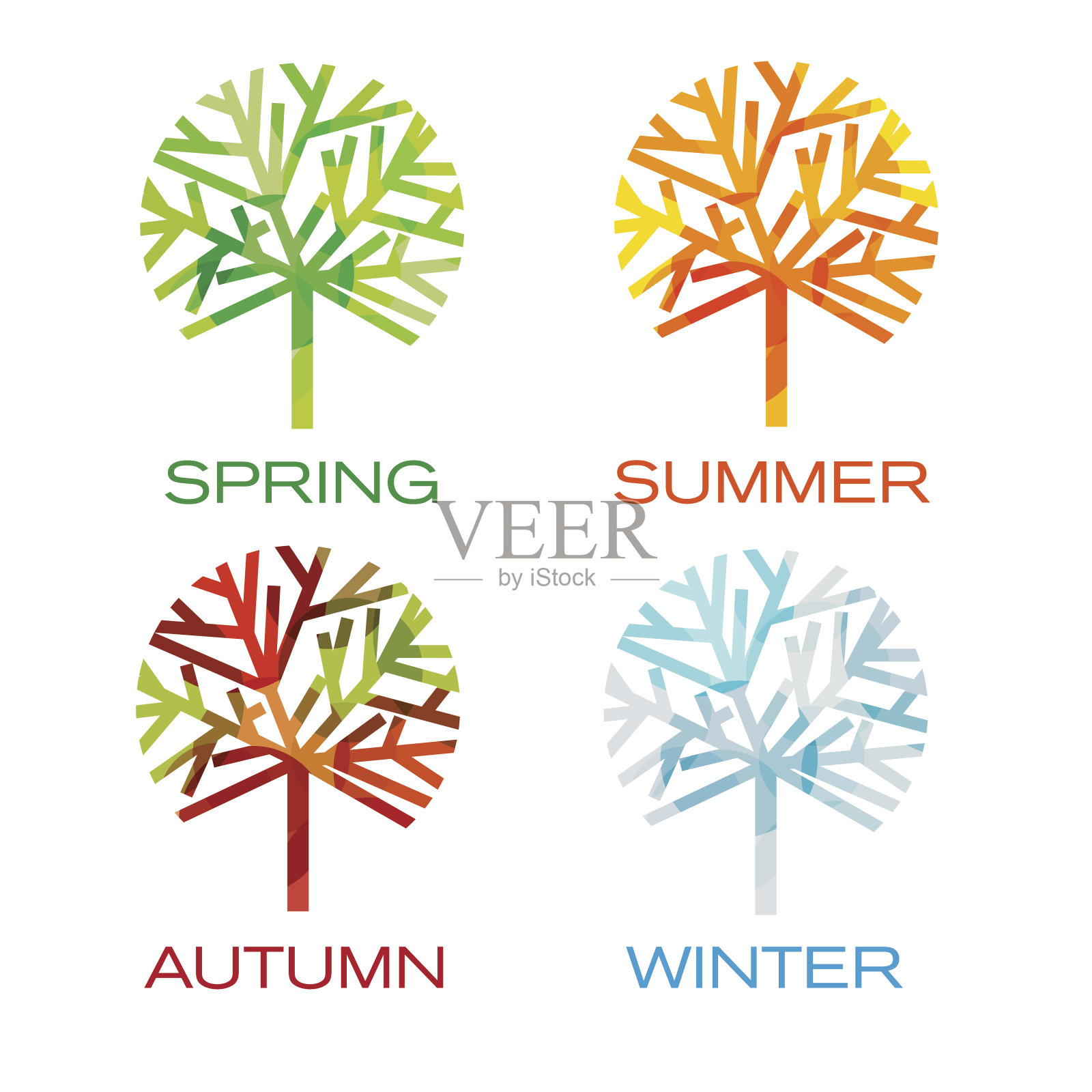 四棵树作为四季。春、夏、秋、冬插画图片素材