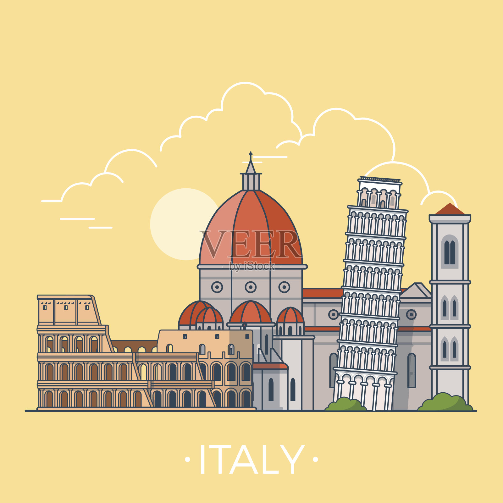 意大利国家设计模板。线性平坦著名历史景观;卡通风格的网站矢量插图。欧洲世界旅游景点，欧洲，度假收藏。插画图片素材