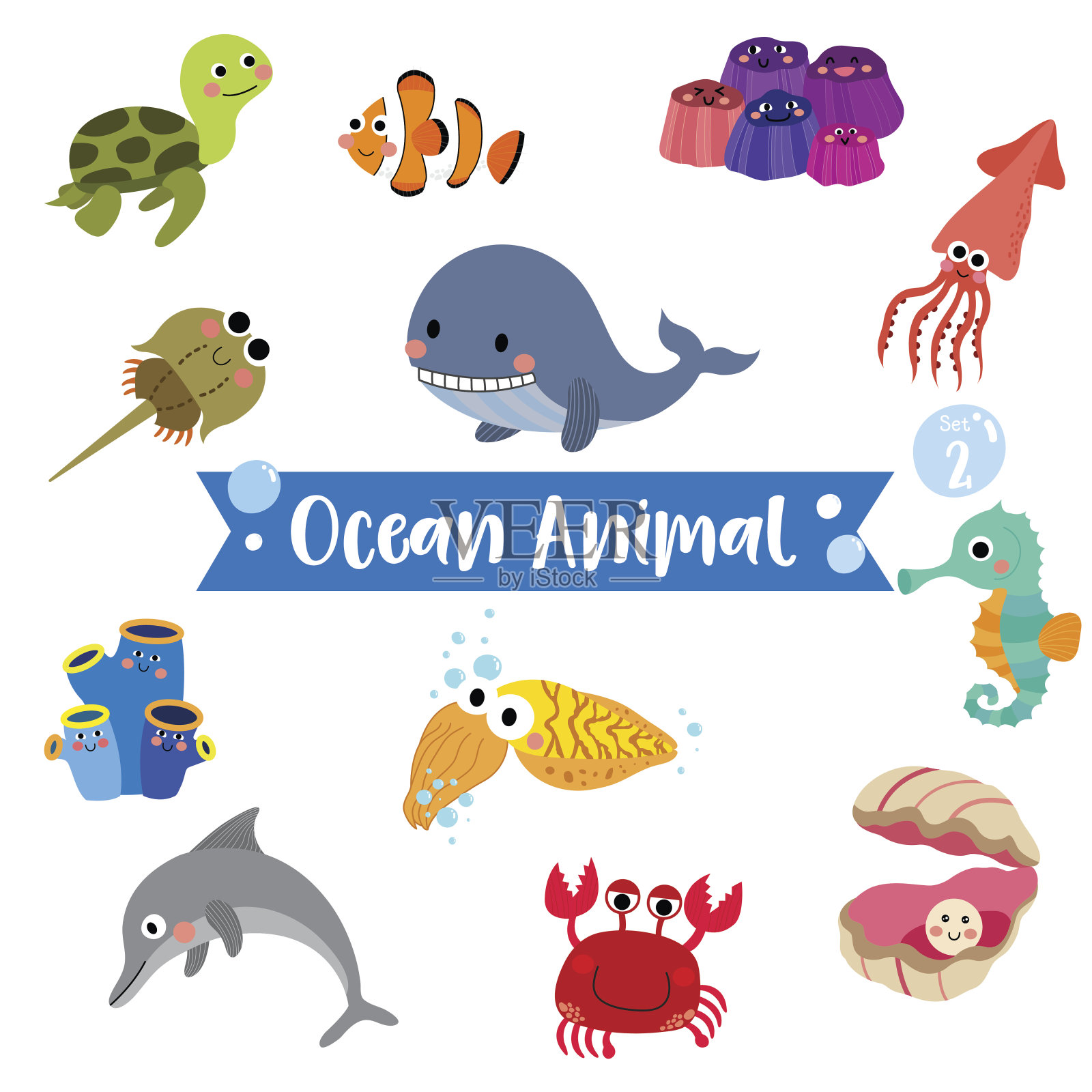 海洋动物卡通在白色的背景。矢量插图。组2插画图片素材