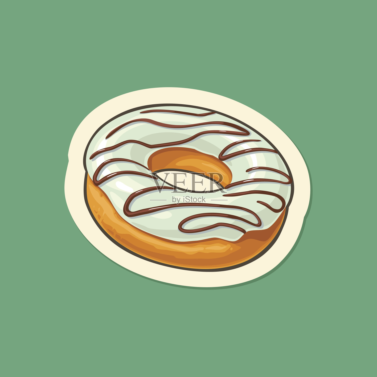 白色糖衣和棕色条纹的甜甜圈。向量颜色平设计元素图片