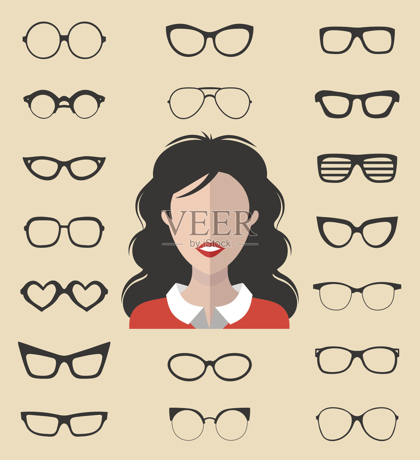 向量集的装扮构造器与不同的眼镜在时尚的平面风格。戴墨镜的女性面对图标创造者。设计元素图片