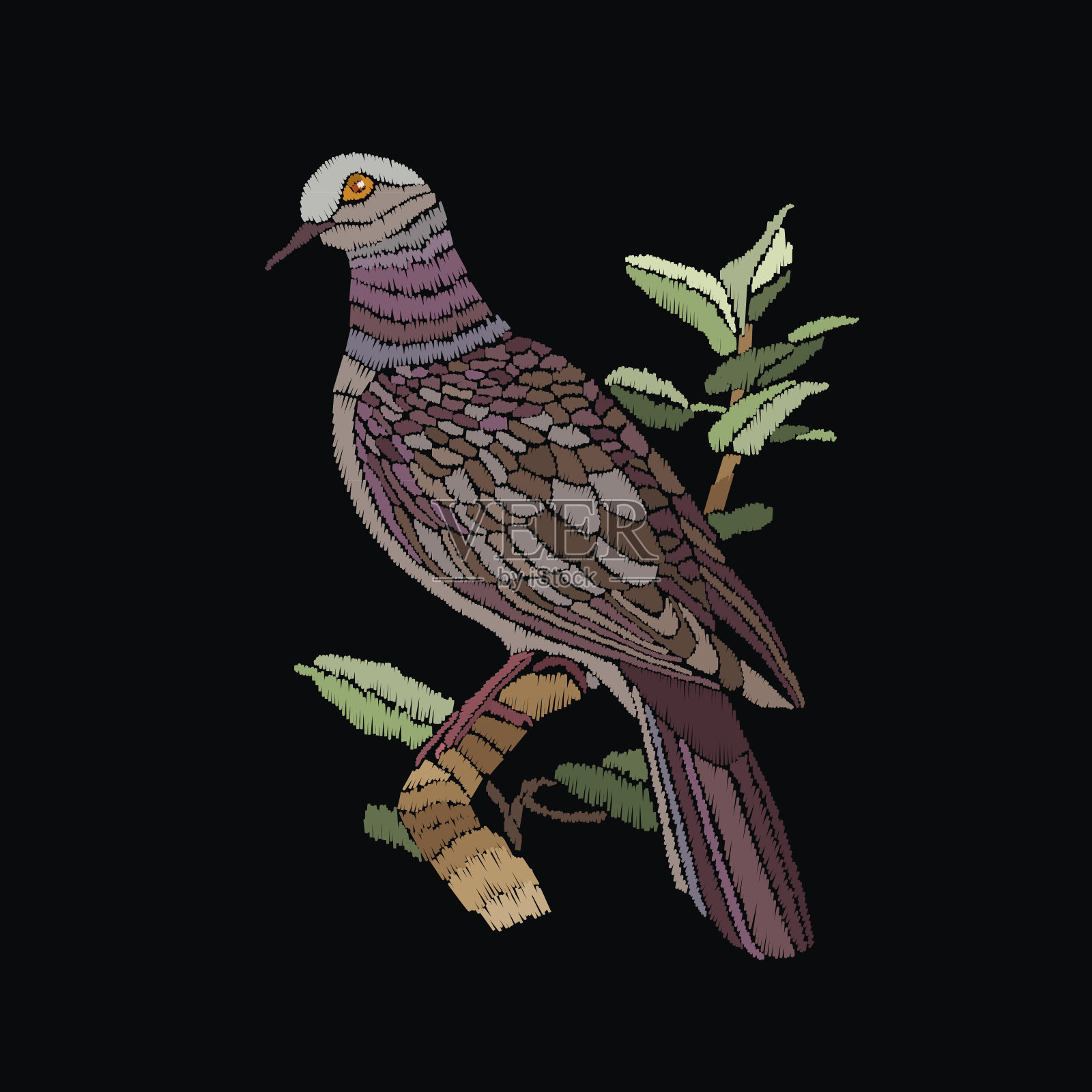 鸽子刺绣。在树枝上绣一只鸟。矢量复古装饰元素的刺绣，补丁和贴纸插画图片素材