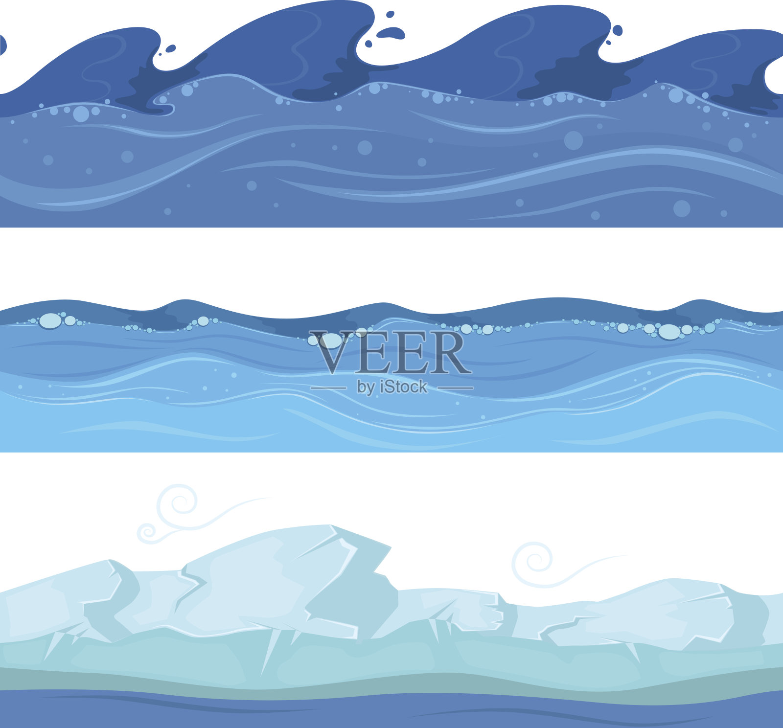 大海或海浪。面向ui游戏的水平无缝模式向量集插画图片素材