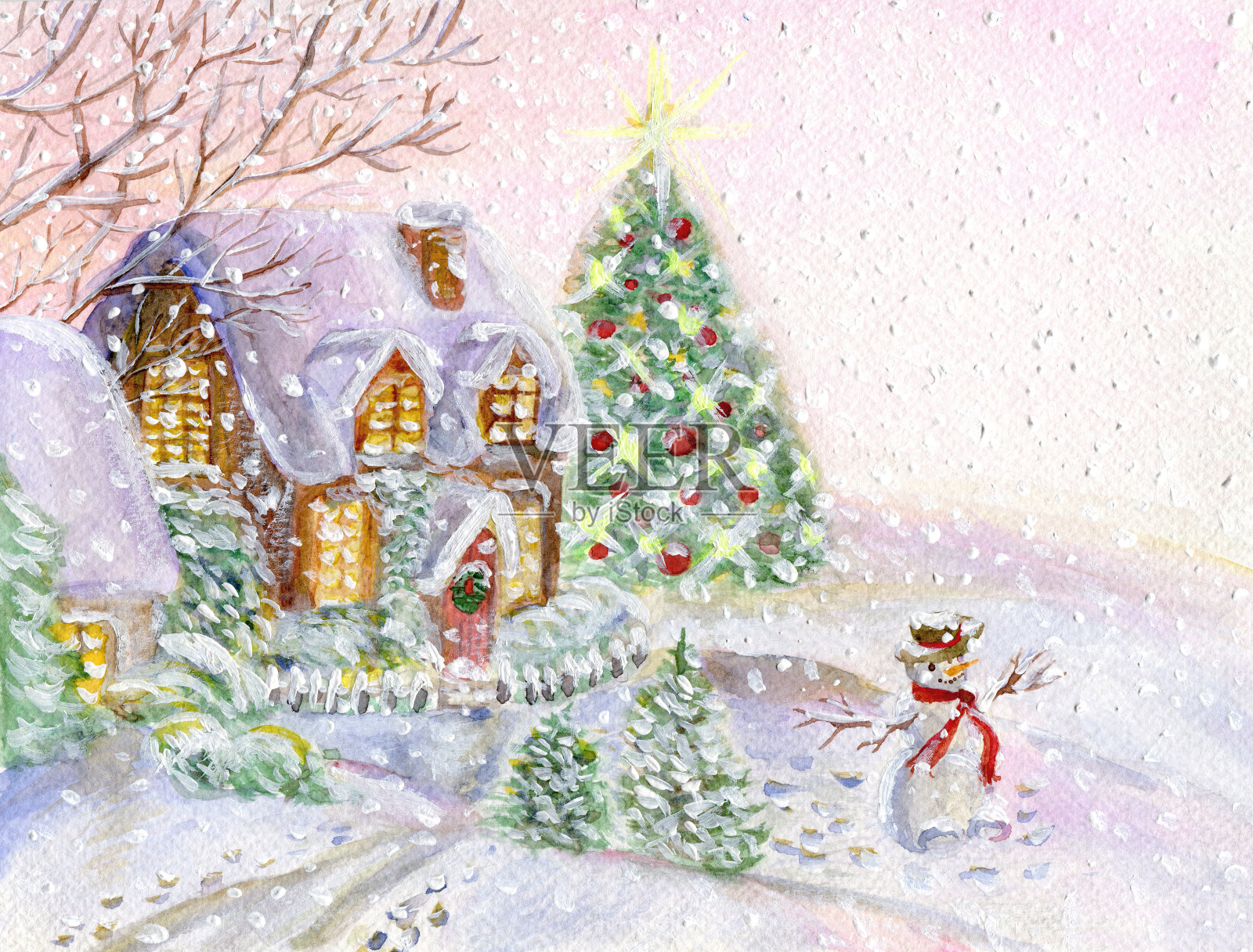 有雪人的圣诞屋插画图片素材