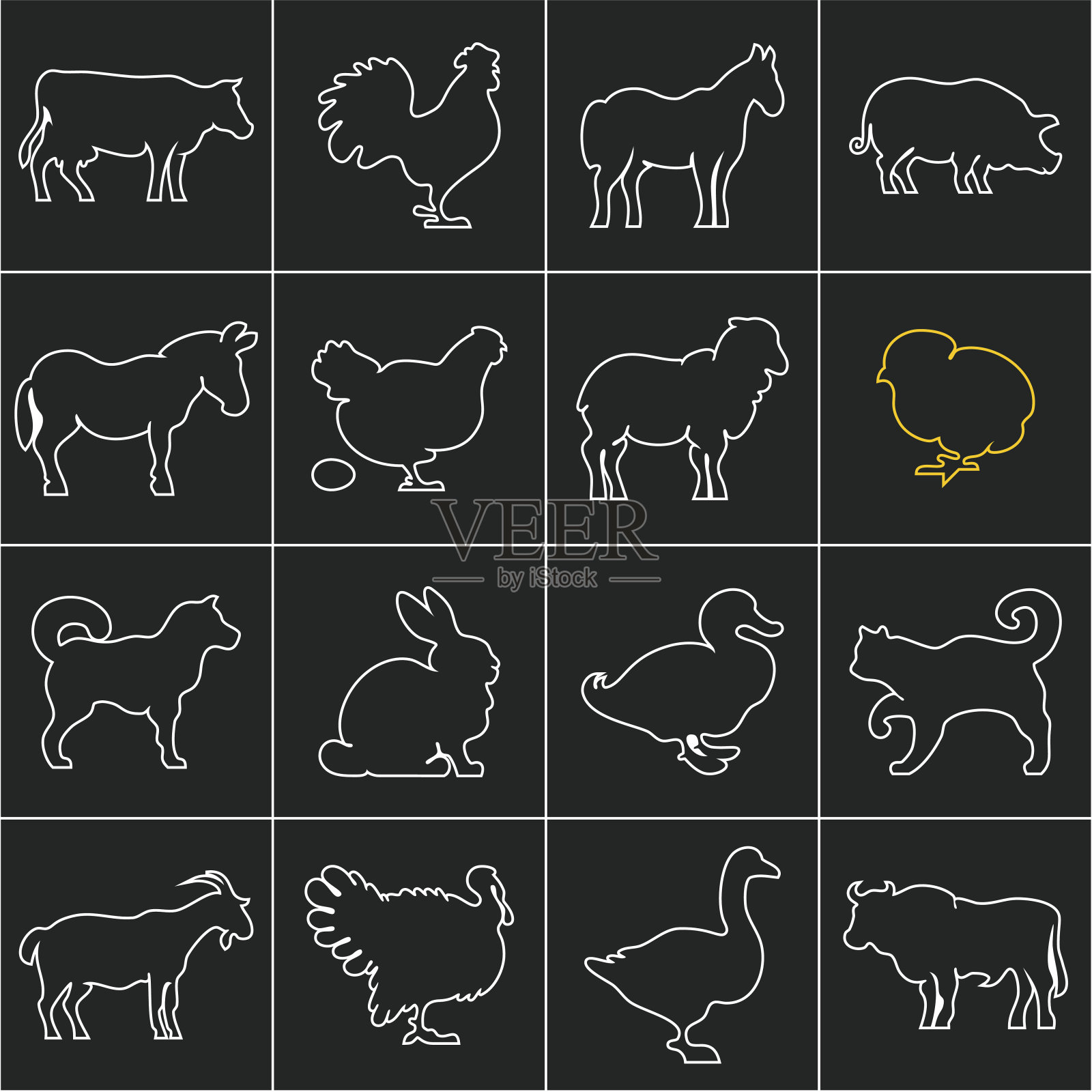 家畜线性图标设置在黑色背景图标素材