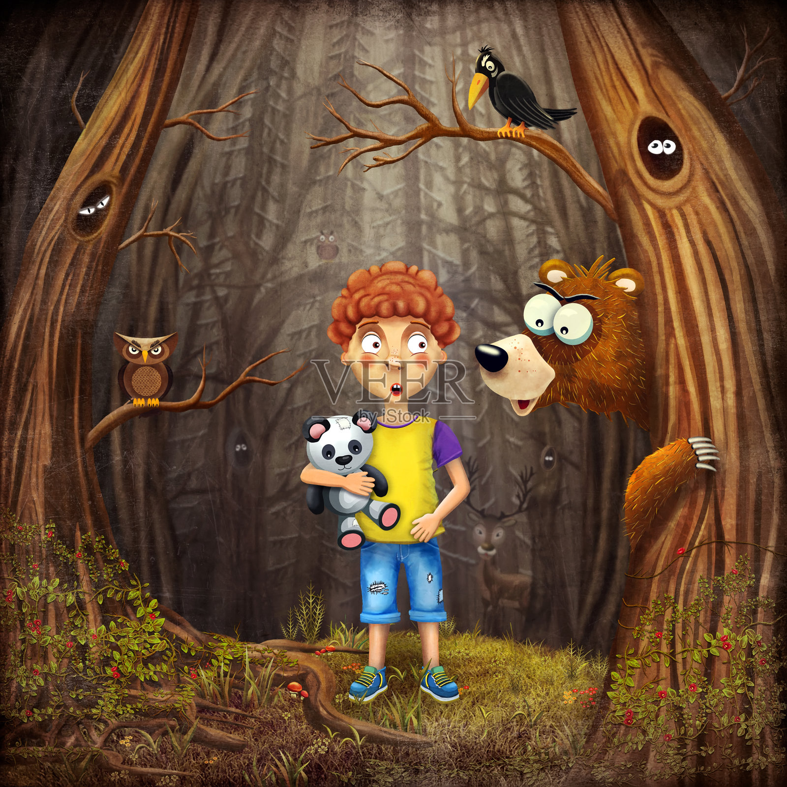 小男孩和动物们在树林里插画图片素材
