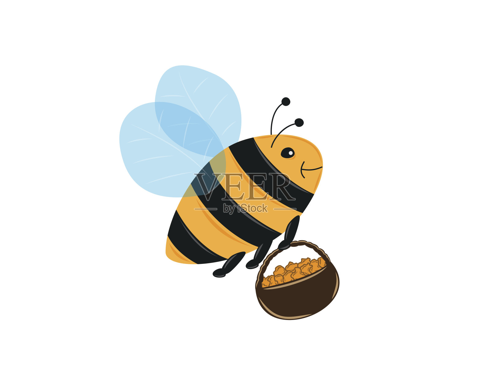 蜜蜂和装满花粉或蜂蜜的篮子插画图片素材