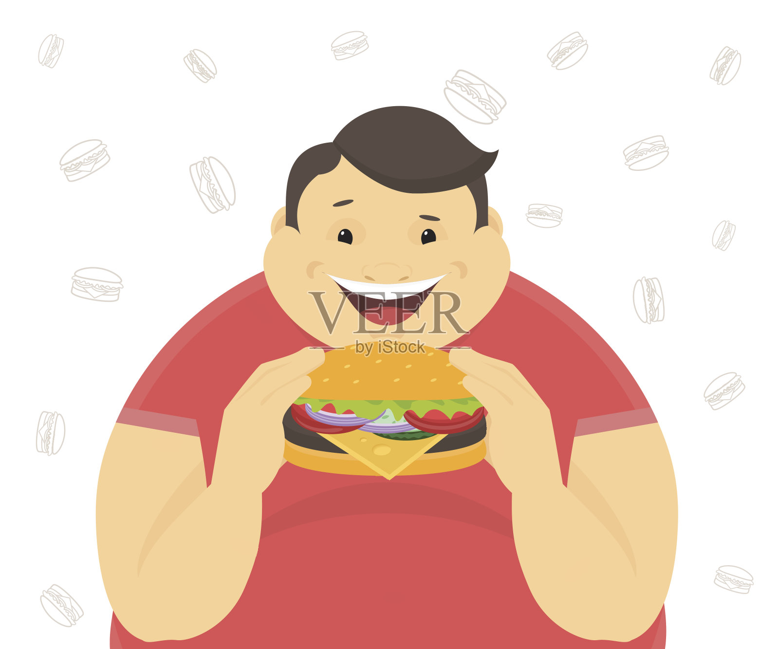 大胖子快乐微笑的人性格吉祥物吃汉堡包和冰淇淋快餐设计元素图片_ID:165489949-Veer图库