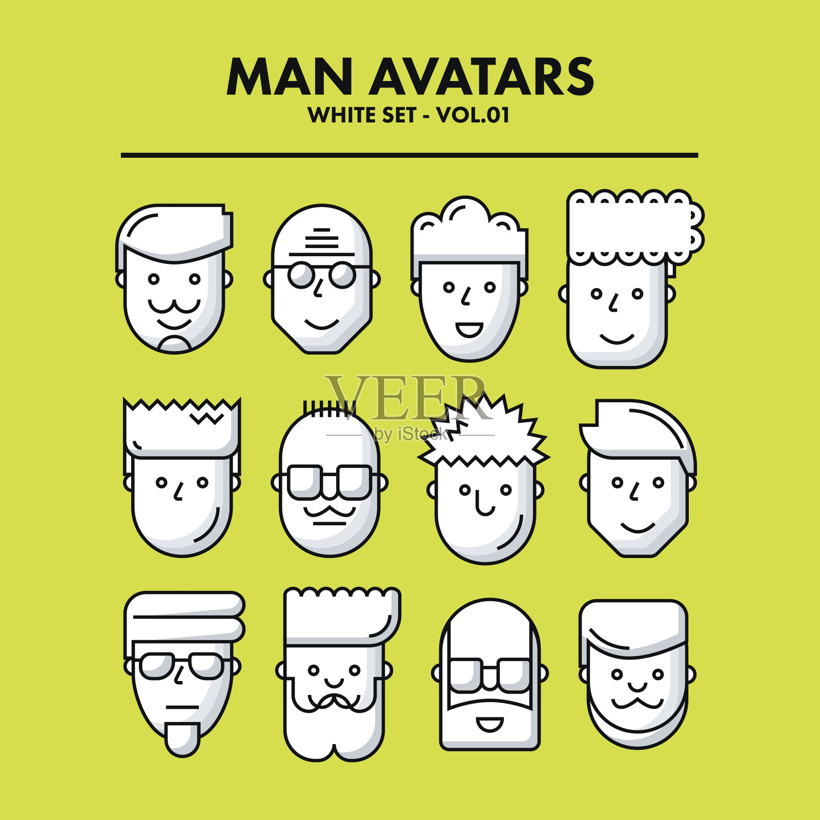 Thin Flat Line Man Avatars Icons - White Set 01。插画图片素材