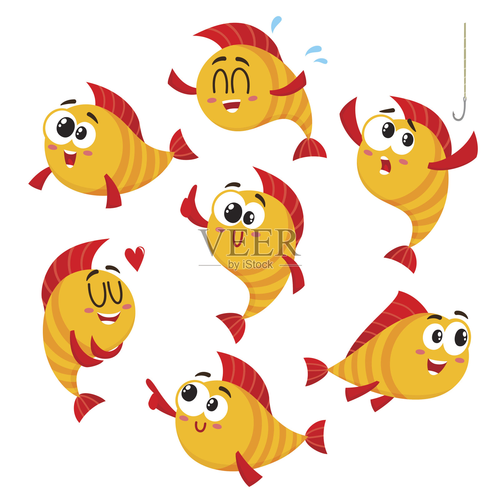 金色、黄色的鱼，配上人脸，表现出不同的情感插画图片素材