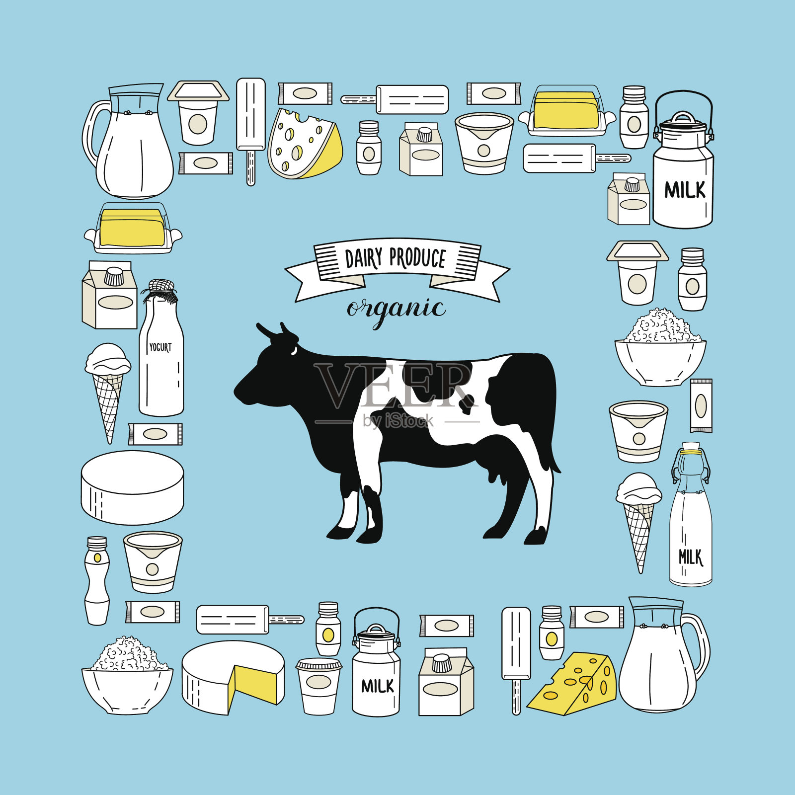 矢量插图。奶牛和奶制品集位于矩形。插画图片素材