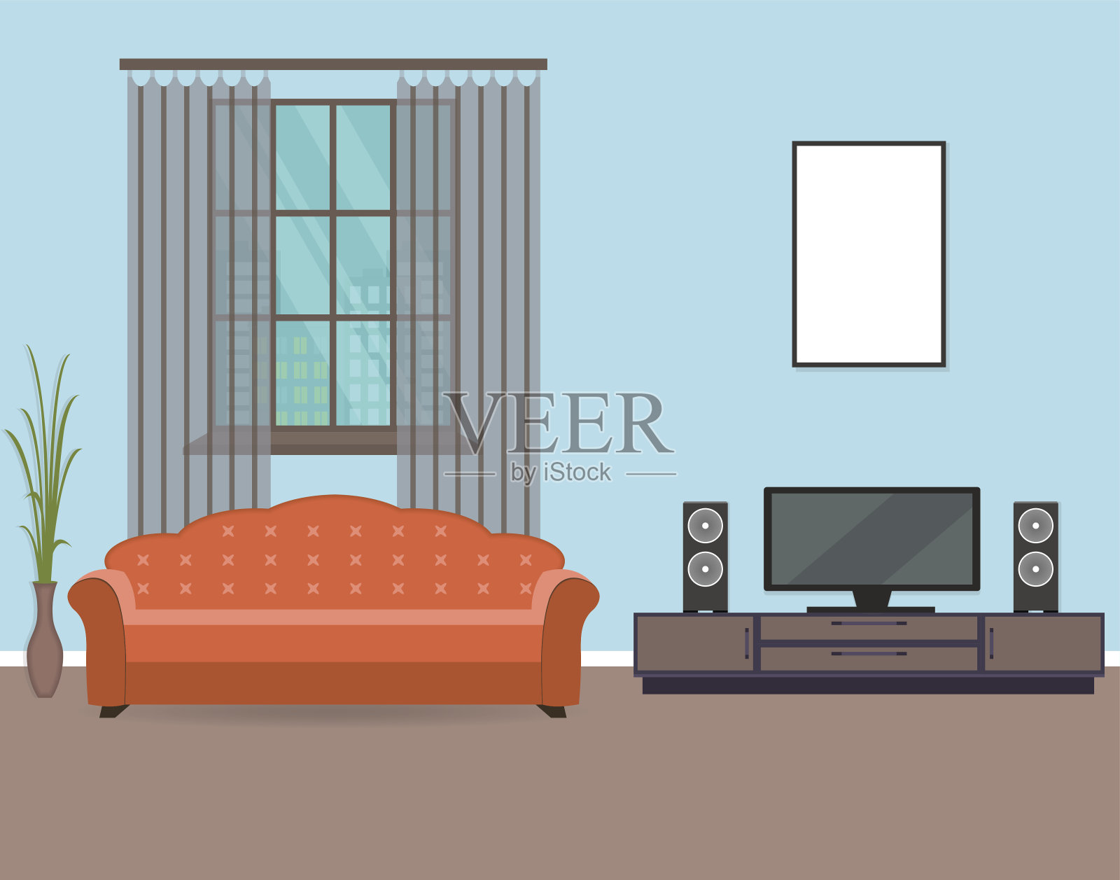 平面风格的客厅室内设计，包括家具，电视，沙发，室内植物和模型空框架。插画图片素材