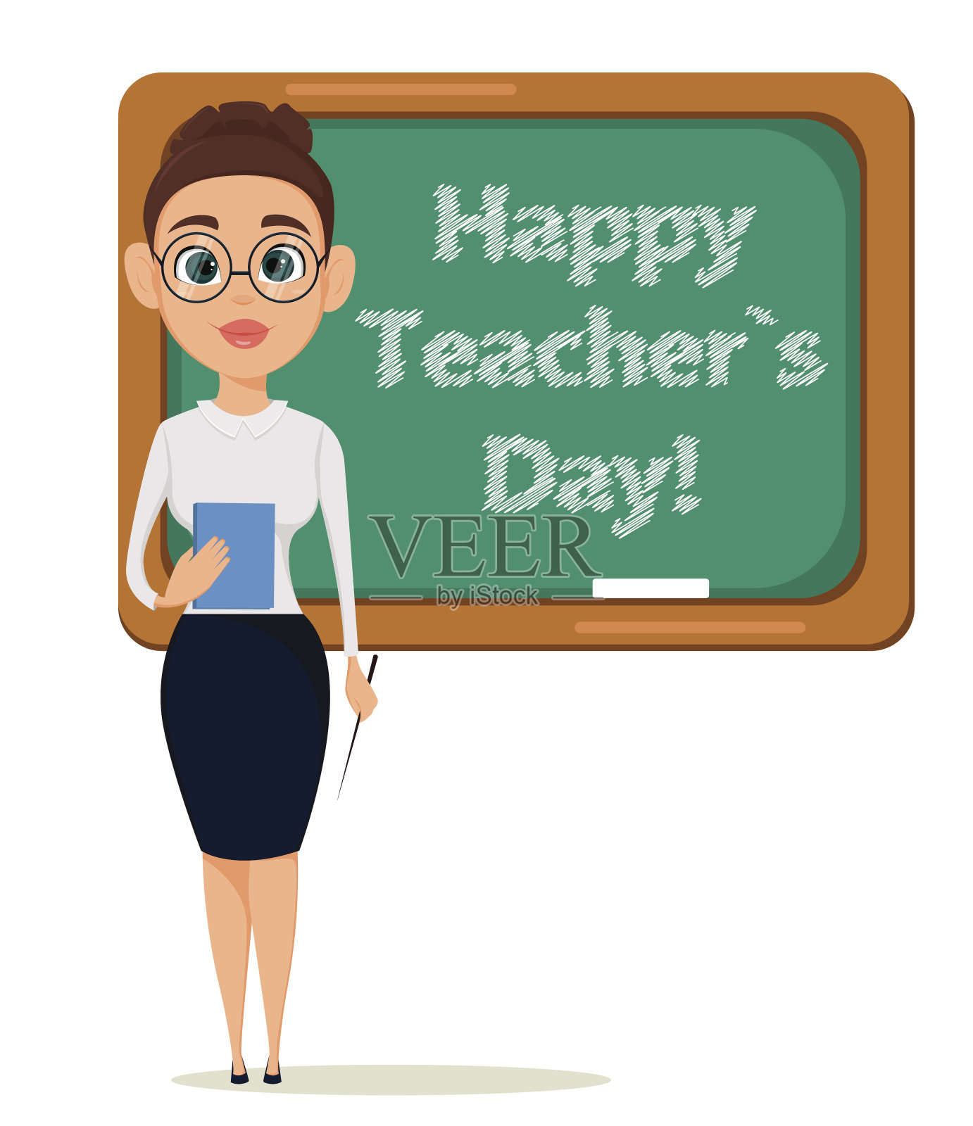 教师节快乐。可爱的老师拿着教鞭和笔记本站在黑板前上课。——股票向量插画图片素材