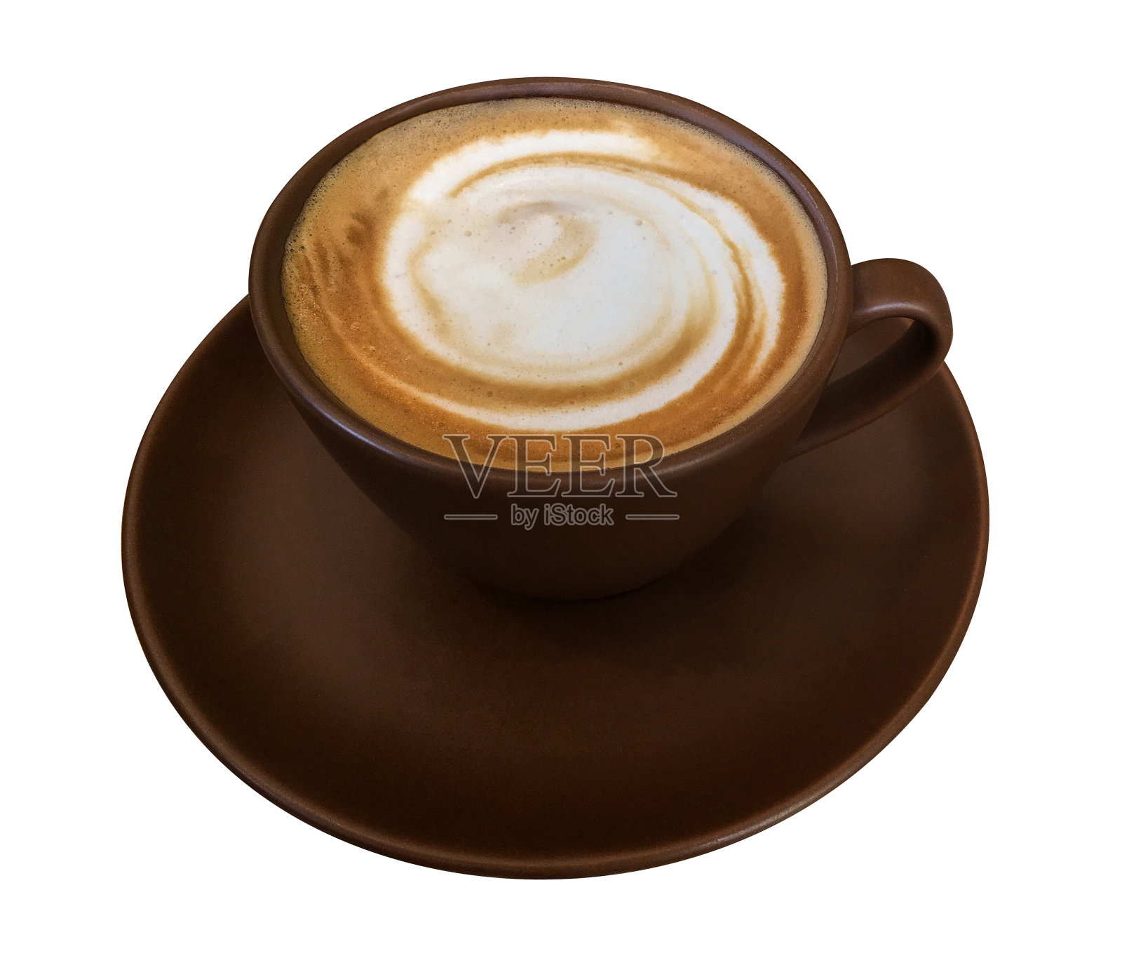 热咖啡卡布奇诺咖啡色杯与碟孤立在白色背景，剪辑路径包括。照片摄影图片