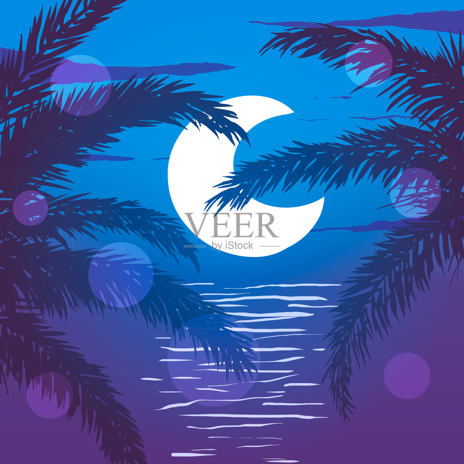 在晚上沙滩上。月亮和海洋背景上的棕榈树。矢量插图。插画图片素材