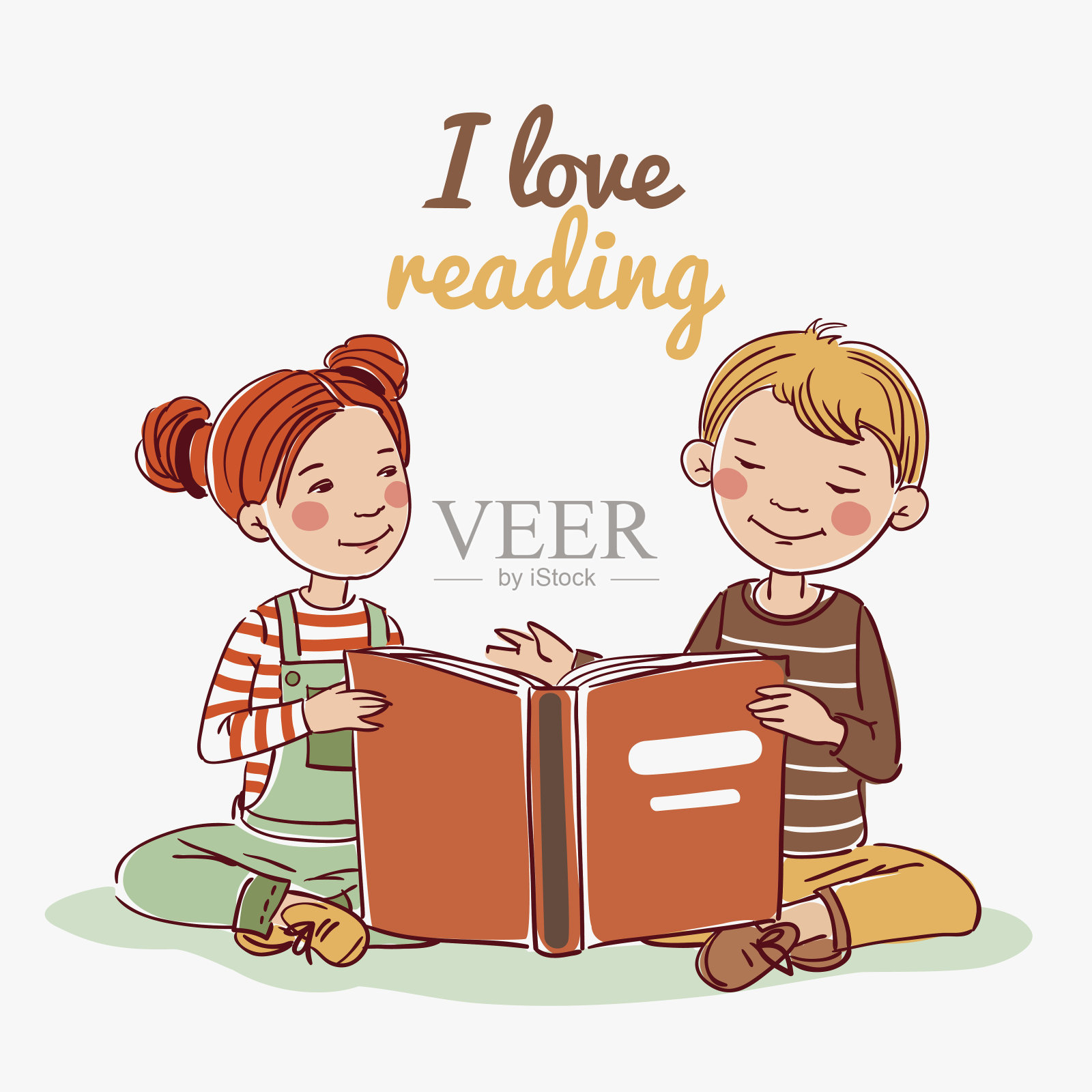 可爱的男孩和女孩在看书设计元素图片