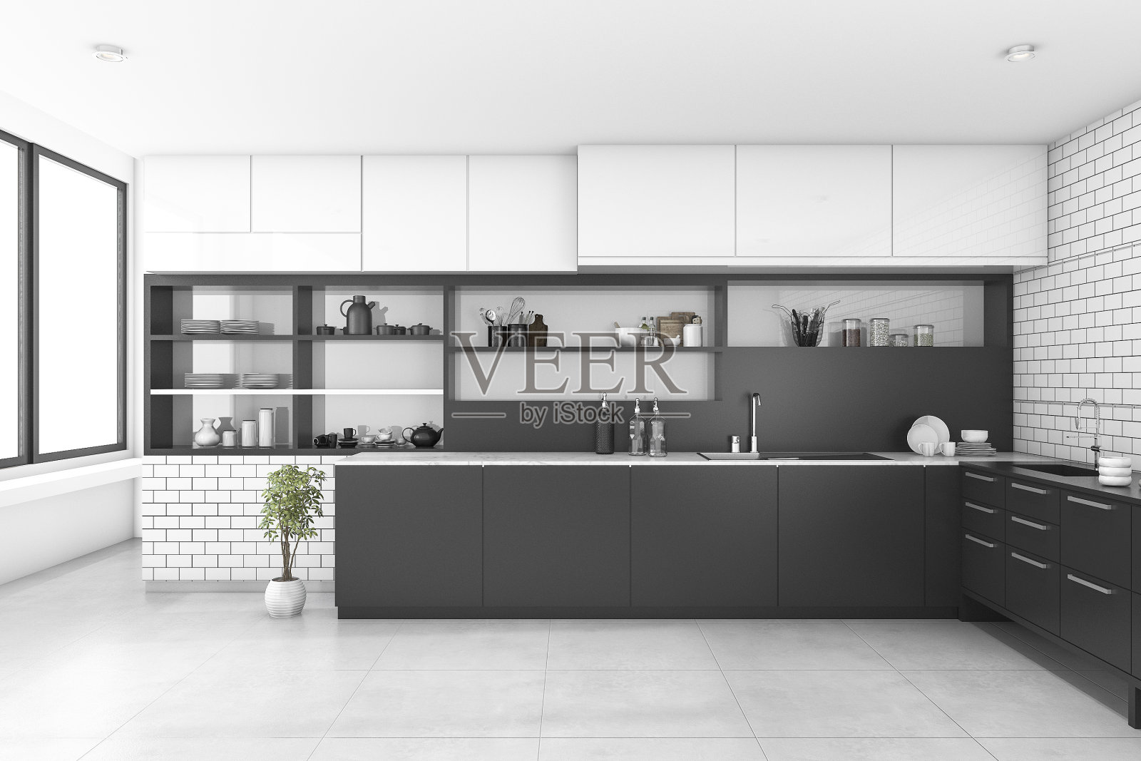 3d渲染黑色厨房与砖墙照片摄影图片