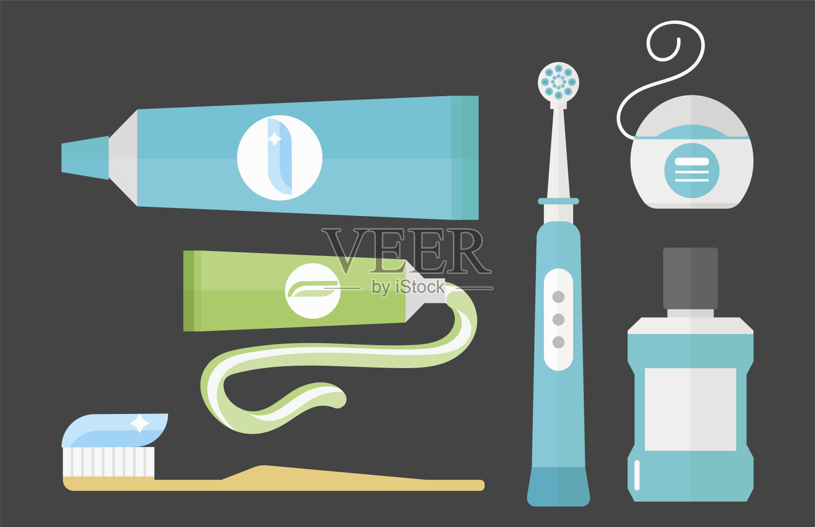平面保健牙医化学色医用胶工具保健系统概念和药物牙膏保健口腔病媒说明插画图片素材